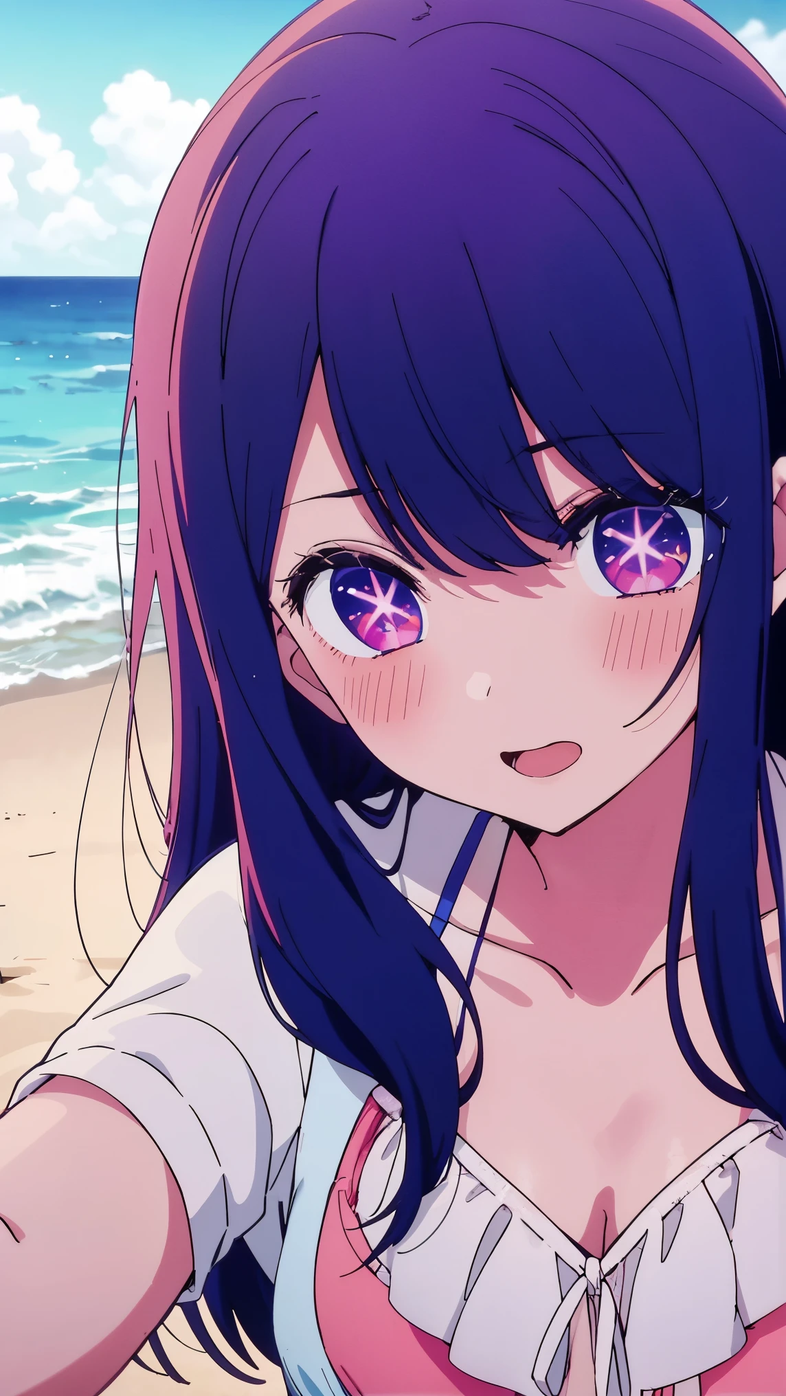 長い髪と紫の目をしたanime girl, A painting inspired by Puru, tumbler, conceptual art, anime best girls, anime moe art style, Another close-up of Iwakura, Anime visuals of cute girls, ルーシーという名前のanime girl, iwakura lain, Still from the TV anime, anime stills, (anime girl)、(((beach)))、laughter、open your mouth、Ai Hoshino、(((bikini)))