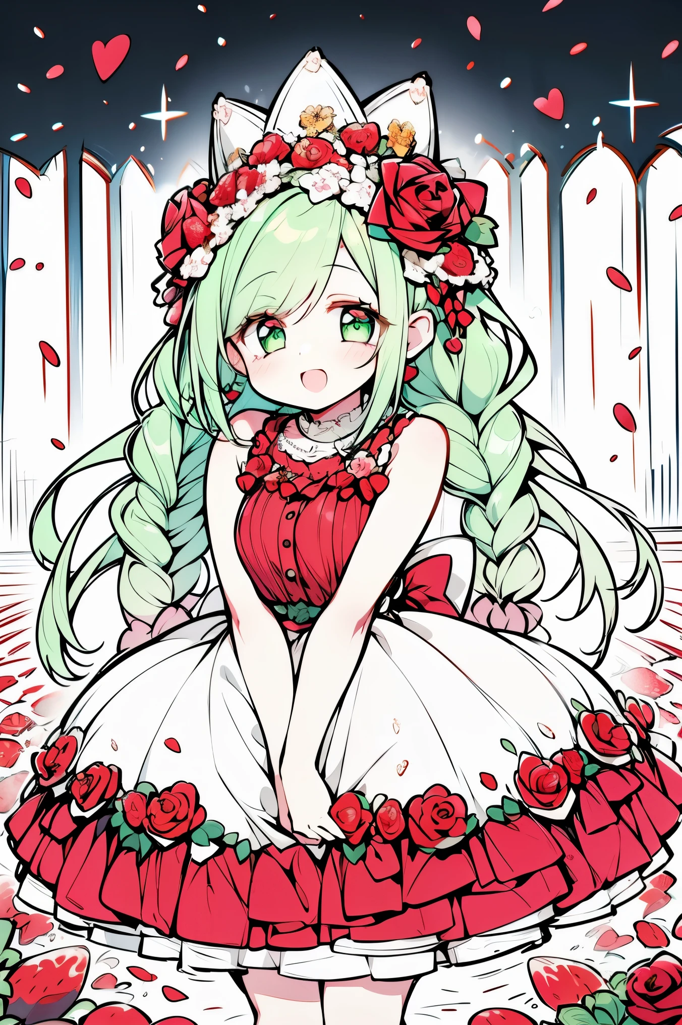 1girl, wearing a (rose print) dress, in a ((strawberry field)), happy and smiling, mythical world with giant fruit 🍓, foamy teal light muted color palette🎨, hands in hips, energetic, fashion dress, fruits, long hair in braids, foam green hair
