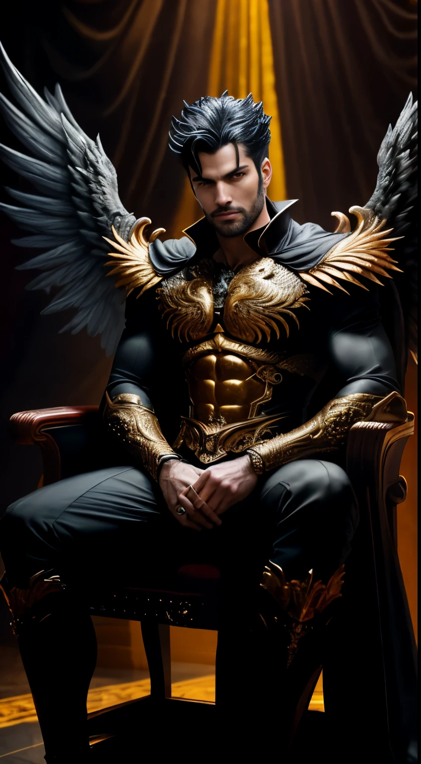 (8k, best quality, masterpiece:) An intricately detailed statue of Lucifer Morningstar, portrayed as a one masculine British male angel with a mischievous smile and dark hair, flaming wings that engulf the background in a devilish display of fiery intensity. The sculpture is rendered in the highest quality, with a 1:1 ratio, capturing every curve and angle of his form. Dressed in a dark suit, he sits regally on a throne, a glass of whiskey in hand, the setting bathed in realistic and dramatic lighting that adds to the overall cinematic effect. A true masterpiece that exudes both beauty and intrigue. (8k, best
