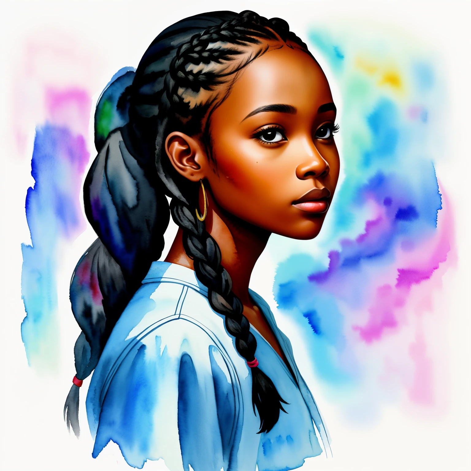 black african american woman beautiful girl side face, painting watercolor style long hair, braids, cornrowsm plaits, nikon dslr; scar, black mist pro lens filter, dark bacground; 4k --ar 4:5