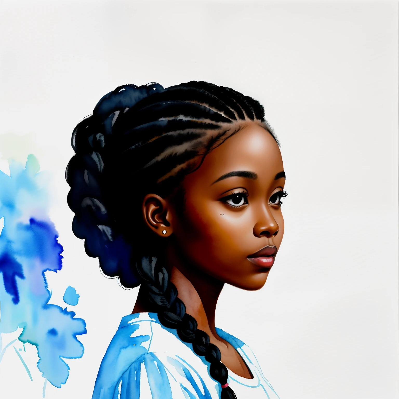 black african american woman beautiful girl side face, painting watercolor style long hair, braids, cornrowsm plaits, nikon dslr; scar, black mist pro lens filter, dark bacground; 4k --ar 4:5