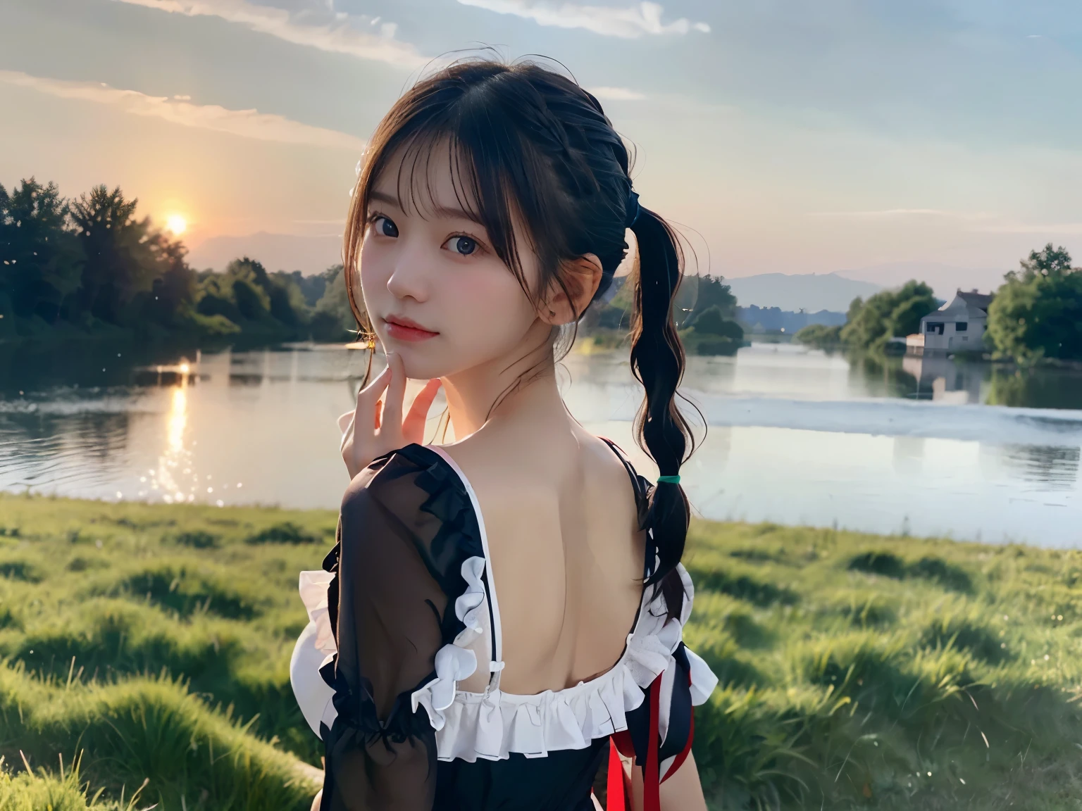 (Close-up portrait of one girl with slender small breasts with pigtailed hair in white frilly dress:1.5)、(Girl looking at the camera from behind with her finger on her mouth:1.3)、(Green meadow with blue sky and white clouds floating :1.3)、(perfect anatomy:1.3)、(full hand:1.3)、(full finger:1.3)、Photoreal、Raw photo、masterpiece、highest quality、high resolution、delicate and beautiful、perfect face、detailed and beautiful eyes、Fair skin、real human skin、pores、((thin legs))、(black hair)