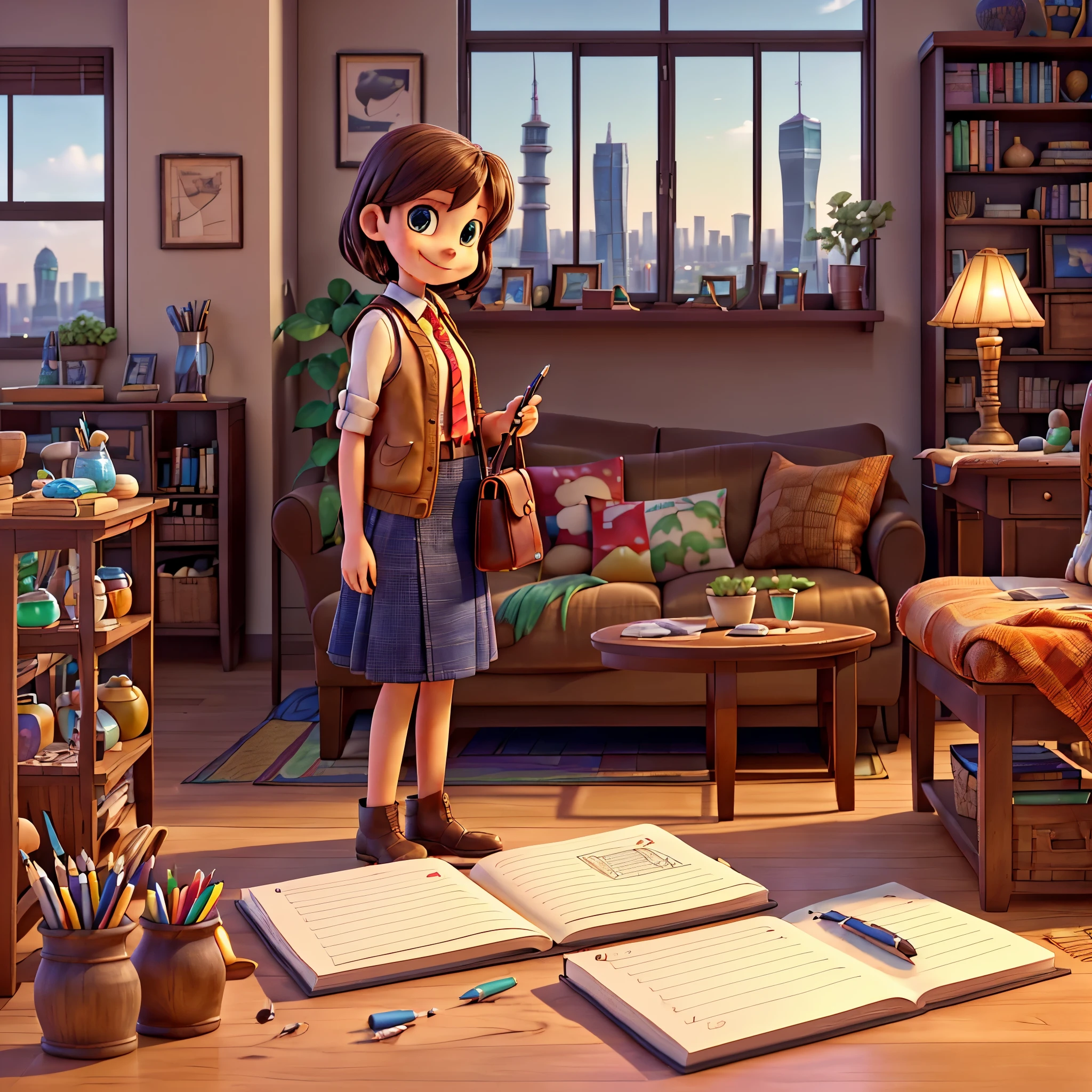 (epic Masterpiece, ultra highest quality, ulra highest resolution, ulra high-definition, distinct_image, very elaborate CG, cinematic lighting, ray tracing, drop shadows, detailed detail, (photorealistic: 1.4), ultra high quality textures, fine-grained, realistic face expression): (lone girl, face is Japan, brown short hair, small size breasts, sparkling eyes, Eye level shot, happy smile, beauty, slim body, holiday, own room, console game, computer, display, keyboard, mouse, long leather skirt, collared shirt, leather vest, handgun holder, carrying leather bag on your back, long boots, antique radio, coffee, model train, bookshelf, spacious chair, Pots, fans, paintings, stuffed animals, ties, notebooks, stationery, vases, photo frames, letters, fountain pens, calendars, lamps, cushions, baskets, mirrors reflecting in profile, candles, newspapers, sweets, city view outside the window, telephone, fruit) varied multi etc. --v6 --s1000 --c20 --q5 --chaos100