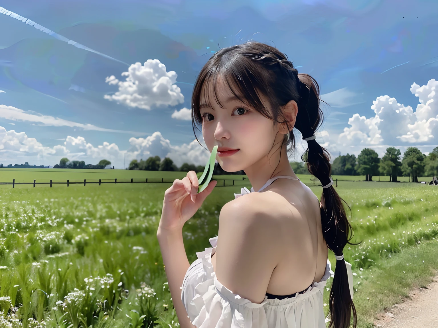 (Close-up portrait of one girl with slender small breasts with pigtailed hair in white frilly dress:1.5)、(Girl looking at the camera from behind with her finger on her mouth:1.3)、(Green meadow with blue sky and white clouds floating :1.3)、(perfect anatomy:1.3)、(full hand:1.3)、(full finger:1.3)、Photoreal、Raw photo、masterpiece、highest quality、high resolution、delicate and beautiful、perfect face、detailed and beautiful eyes、Fair skin、real human skin、pores、((thin legs))、(black hair)