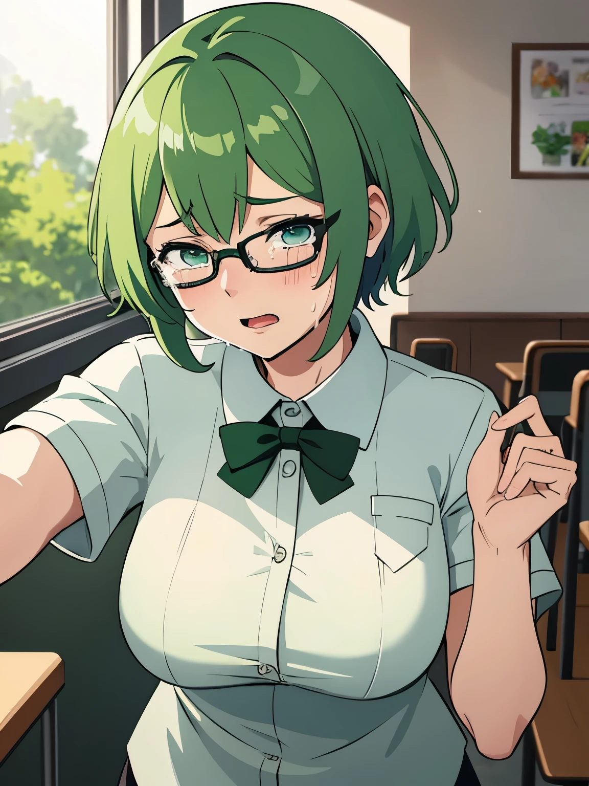 Obra maestra, la mejor calidad, Anime illustration of a girl with lime green hair and very short green eyes. She wears glasses and wears a  uniform. She is in a classroom with a sad expression. Her eyes are watery. Her cheeks are full of tears. She is crying and sobbing. 