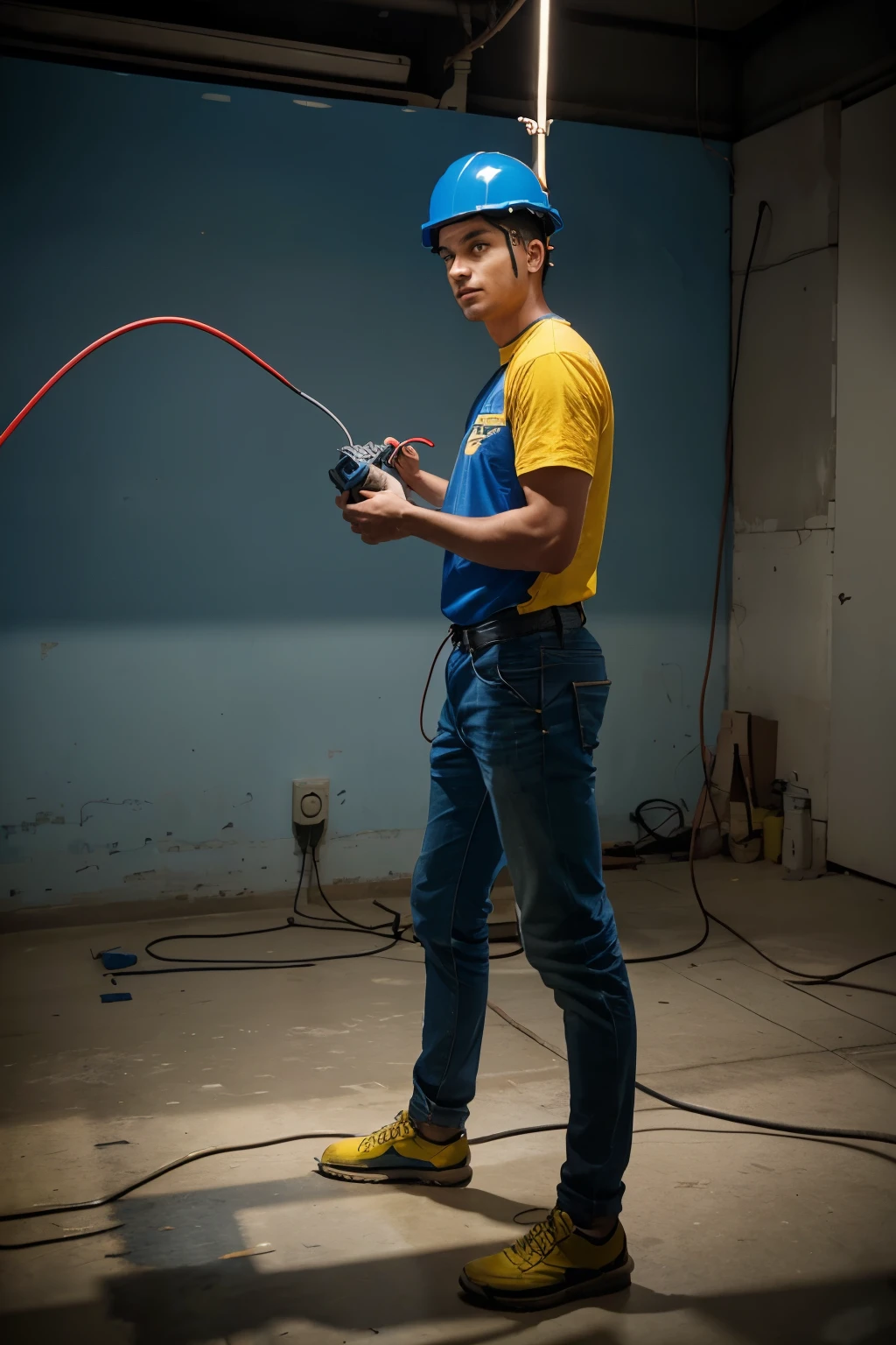 electrician on background of a central city. The electrician wears a blue t-shirt and a yellow helmet. In the left hand, the electrician holds electrical cables of different colors. Full body studio photo the photo is taken from very far away.