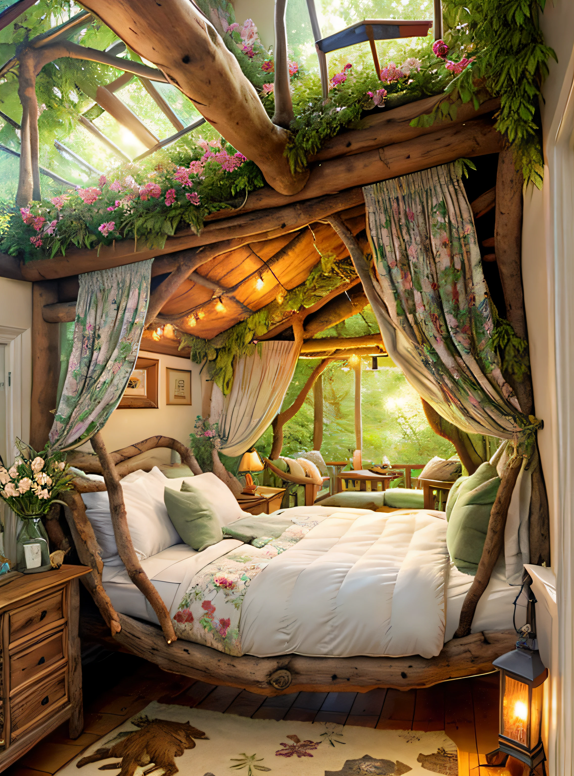 There is a bed，There's a tree in the middle, Comfortable room in tree house, lugar aconchegante, quarto aconchegante, Tom Kinkade. Lovely comfortable room, Comfortable and charming scene, cama aconchegante, cottagecore!!, storybook style, aconchegante e calmo, sonhador e detalhado, floral jungle treehouse, paisagem relaxante e aconchegante, ambiente aconchegante e tranquilo, magical atmosphere