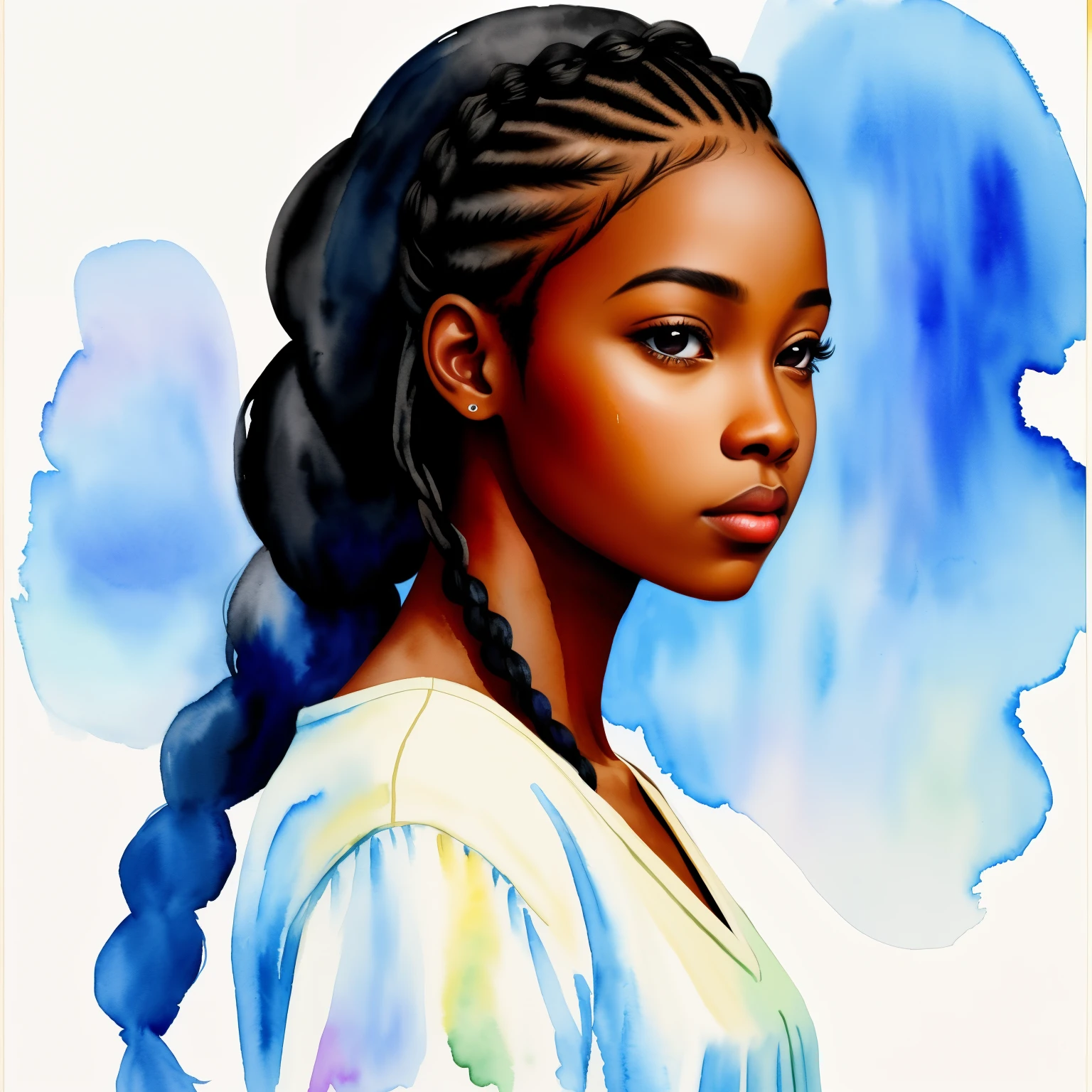 black african american woman beautiful girl side face, painting watercolor style long hair, braids, cornrowsm plaits, nikon dslr; scar, black mist pro lens filter, dark bacground; 4k --ar 4:5