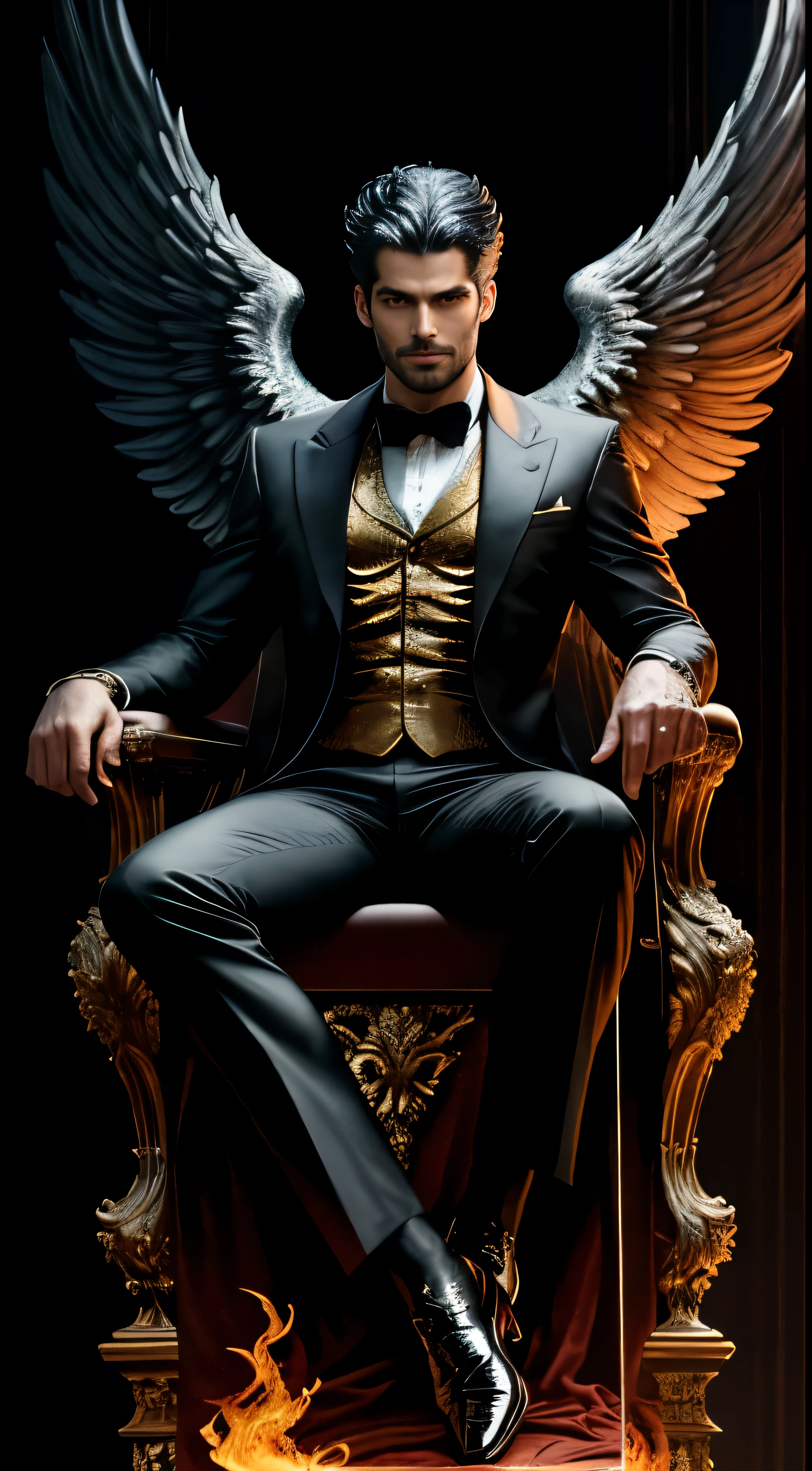 (8k, best quality, masterpiece:) An intricately detailed statue of Lucifer Morningstar, portrayed as a one masculine British male angel with a mischievous smile and dark hair, flaming wings that engulf the background in a devilish display of fiery intensity. The sculpture is rendered in the highest quality, with a 1:1 ratio, capturing every curve and angle of his form. Dressed in a dark suit, he sits regally on a throne, a glass of whiskey in hand, the setting bathed in realistic and dramatic lighting that adds to the overall cinematic effect. A true masterpiece that exudes both beauty and intrigue. (8k, best