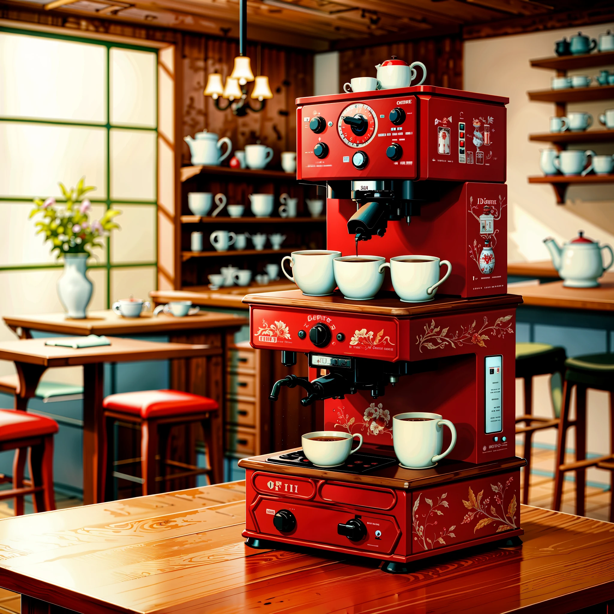 masterpiece, absurdres, extremely detailed, madeofdelftwareai, red delftware, coffee machine, day, volumetric lighting,