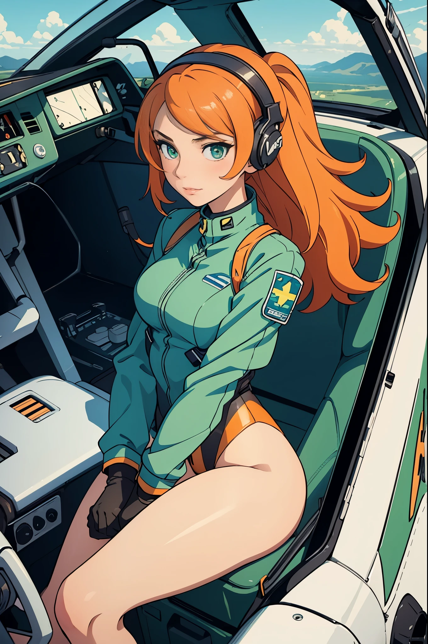 (masterpiece),( best quality), 1girl, pilot, flying helicopter, from cockpit, leotard, bare legs, gloves, light orange hair, green eyes