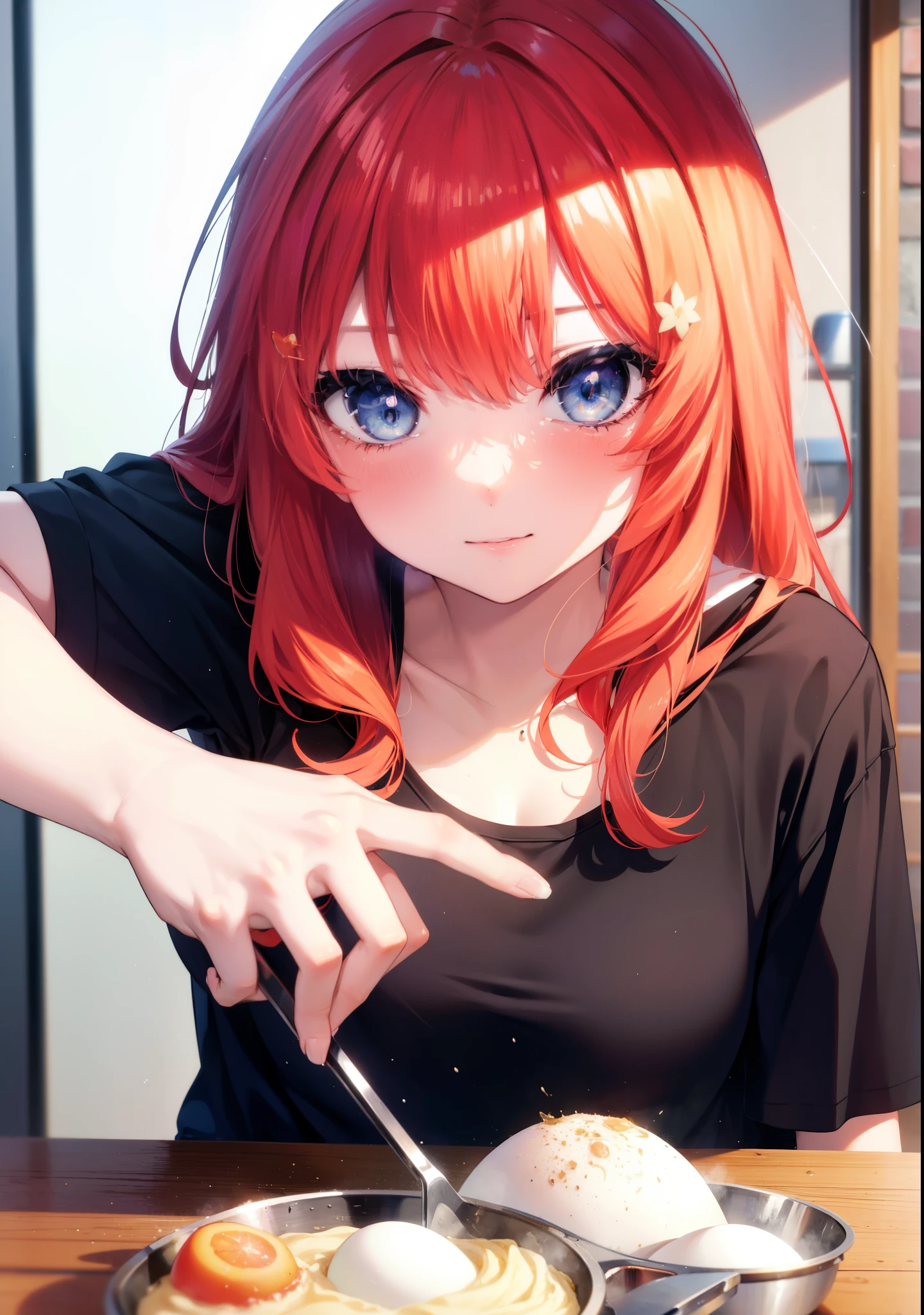 itsukinakano, Itsuki Nakano, bangs, blue eyes, hair between eyes, Ahoge, redhead,blush,smile, messy hair,T-shirt,shorts,kitchen,kitchenで料理をする、Cook eggs in a frying pan,卵焼きと焼けた食パンを皿にのせてテーブルに置いてある
break indoors, kitchen,dining,
break (masterpiece:1.2), highest quality, High resolution, unity 8k wallpaper, (figure:0.8), (detailed and beautiful eyes:1.6), highly detailed face, perfect lighting, Very detailed CG, (perfect hands, perfect anatomy),