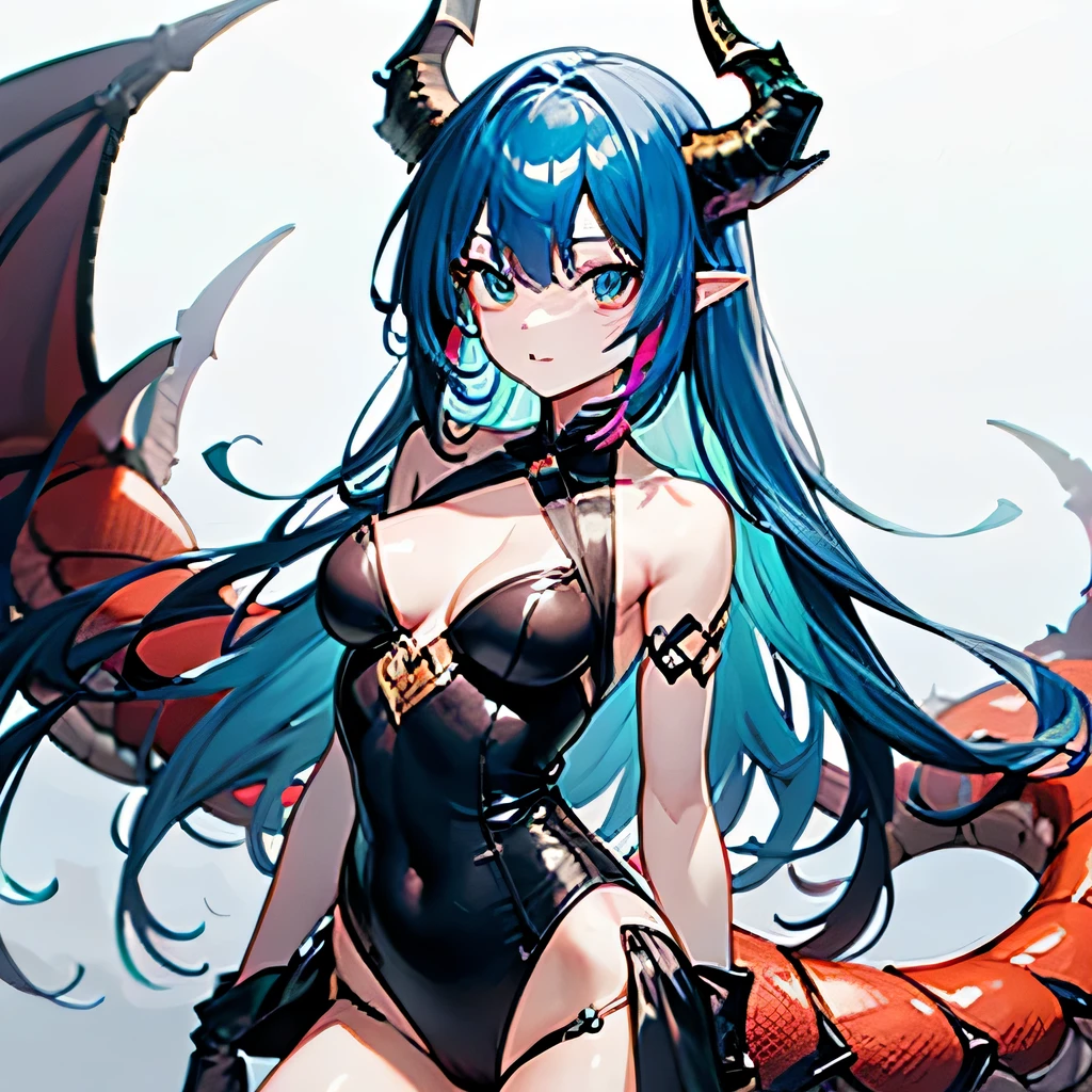 anime female human with rainbow hairs and eyes and dragon horns and tail