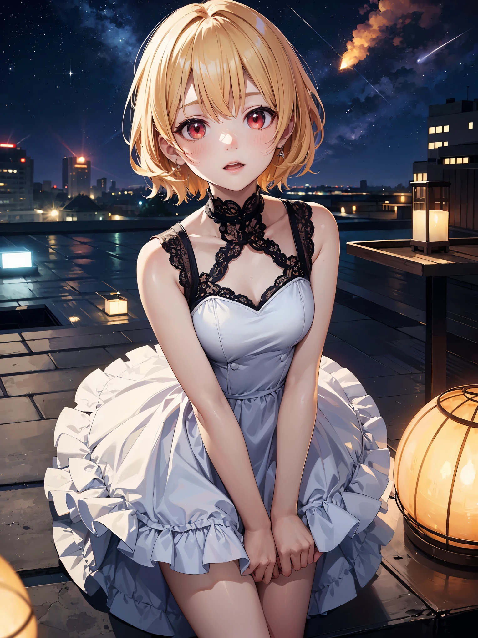 最high quality、best image quality、masterpiece、with a girl(12 years old、flat bust、,beautiful red eyes、toned abdominal muscles、,blonde short hair、Bobcut braid、Slender、athlete、princess dress ruffle lace、cute dress,leaning forward posture、Long skirt with ruffles、Show the whole body)）high quality、beautiful art、(16 backgrounds included((on the roof、beautiful night view、meteor)))table top、visual art、Depth of the bounds written、