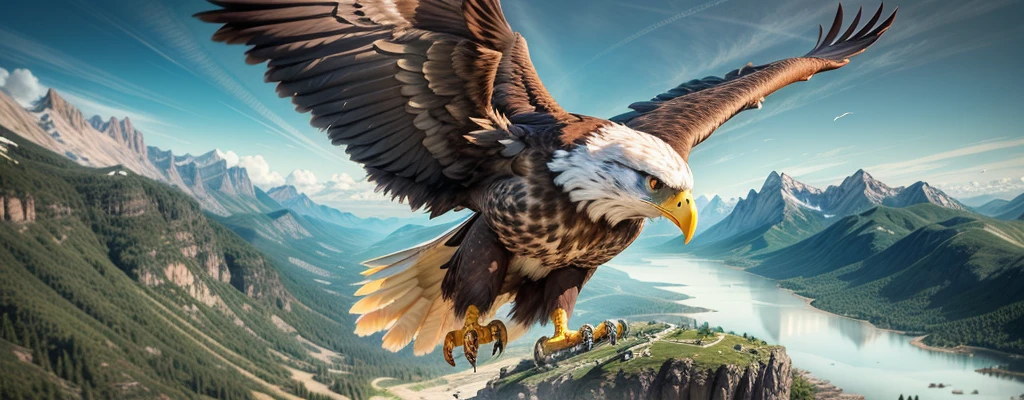 An eagle, go pro camera, eagle flying over mountains, epic view, majestic eagle with a go pro mounted on its back, go pro camera mounted, taking the picture, best quality, ultra-detailed, realistic, sunny weather, masterpiece, sharp focus, vivid colors, studio lighting, HDR.