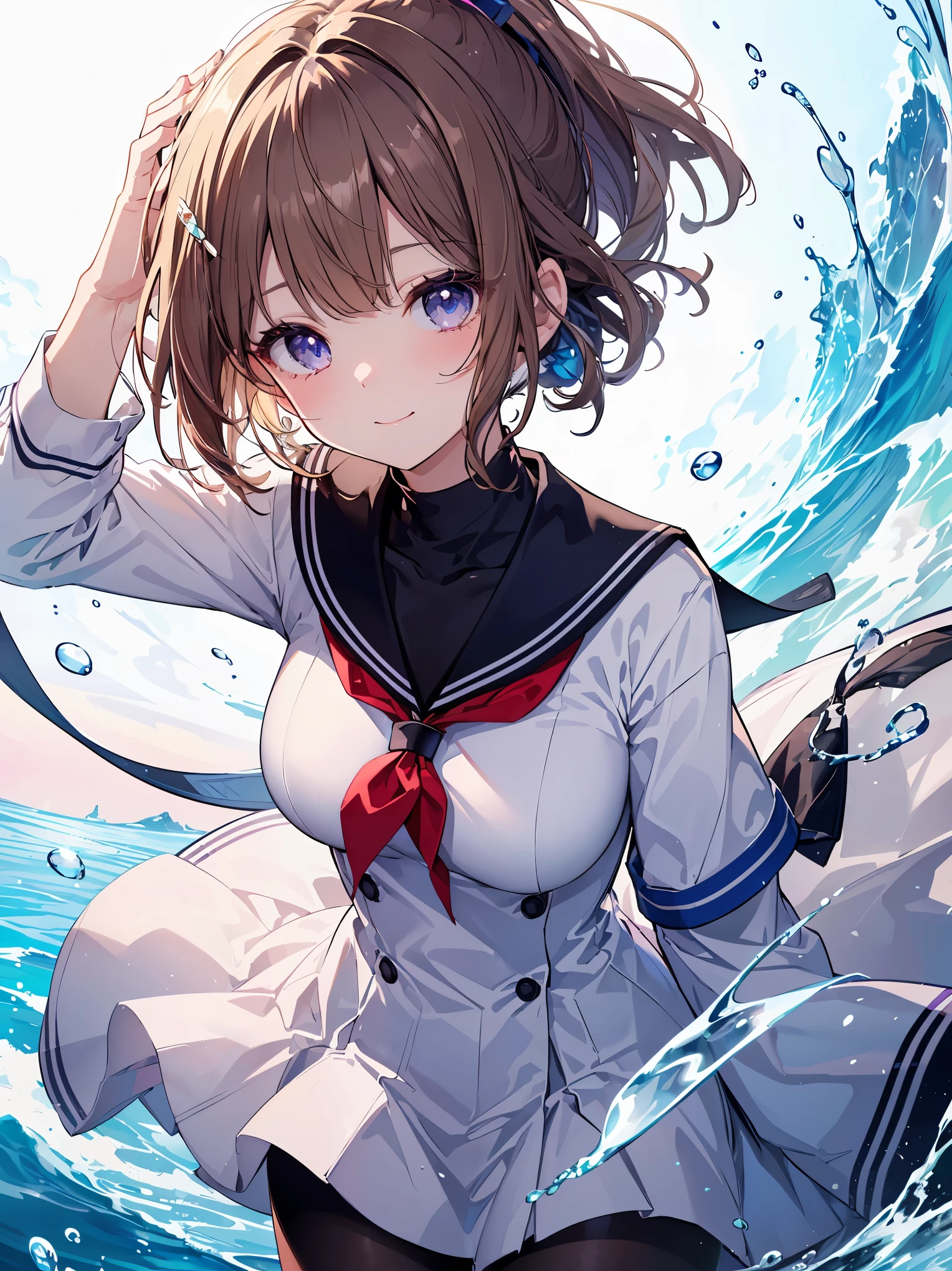 Anime girl in sailor outfit in the water with a big wave - SeaArt AI