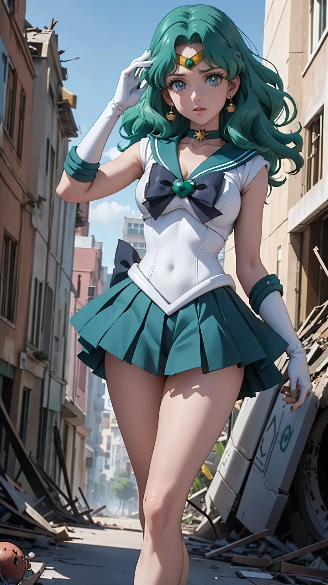 (La mejor calidad,A high resolution,Ultra - detallado,actual),Ariana Grande,1girl, marinero Neptuno, (Uniforme Sailor Senshi:1.4), cabello verde oscuro, cabello mediano, Falda suplicante, Pendientes, (Guantes blancos de codo:1.4), jewely, pecho mediano, dynamic background, Dynamic posture, tacones altos,More detailed 8K.motor irreal:1.4,UHD,La mejor calidad:1.4, fotorrealista:1.4, textura de la piel:1.4, obra maestra:1.8,obra-prima, mejor calidad,objeto Objeto], (detailed face features:1.3),(manos Detallado),(Apocalyptic destroyed city:1.7),(white Botas por encima de la rodilla: 1.4), gargantilla, (Guante Blanco:1.4), gargantilla verde, Arboledas de codos, jewely, pendientes, falda verde, pelos verdes,(fondo cueva piedras grandes:1.4),(Sailor neptune:1.4),(medio cuerpo:1.4) ,(manos detailed:1.4 ), ,( ciberpunk 2.1),( hermosos ojos verdes ), (sea Art 2.1)