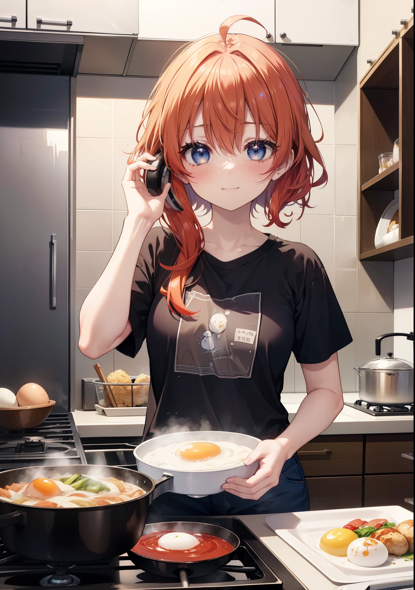 itsukinakano, Itsuki Nakano, bangs, blue eyes, hair between eyes, Ahoge, redhead,blush,smile, messy hair,T-shirt,shorts,kitchen,kitchenで料理をする、Cook eggs in a frying pan,卵焼きと焼けた食パンを皿にのせてテーブルに置いてある
break indoors, kitchen,dining,
break (masterpiece:1.2), highest quality, High resolution, unity 8k wallpaper, (figure:0.8), (detailed and beautiful eyes:1.6), highly detailed face, perfect lighting, Very detailed CG, (perfect hands, perfect anatomy),