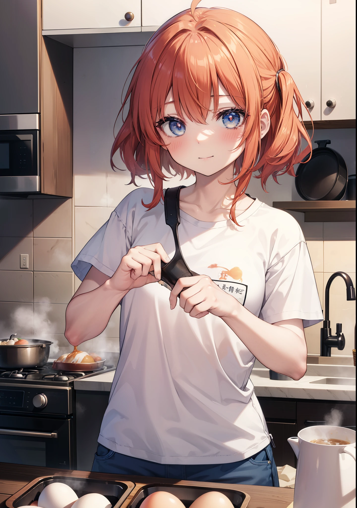 itsukinakano, Itsuki Nakano, bangs, blue eyes, hair between eyes, Ahoge, redhead,blush,smile, messy hair,T-shirt,shorts,kitchen,kitchenで料理をする、Cook eggs in a frying pan,卵焼きと焼けた食パンを皿にのせてテーブルに置いてある
break indoors, kitchen,dining,
break (masterpiece:1.2), highest quality, High resolution, unity 8k wallpaper, (figure:0.8), (detailed and beautiful eyes:1.6), highly detailed face, perfect lighting, Very detailed CG, (perfect hands, perfect anatomy),