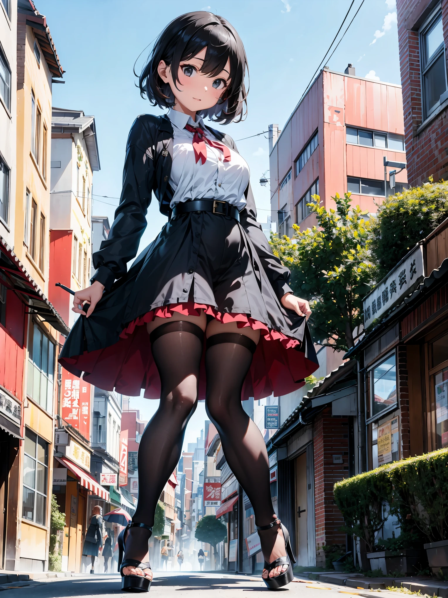 multiple girls, Giant娘 art, 非常に詳細なGiantショット, Giant, short hair, Giant woman bigger than a skyscraper, wearing rimless glasses, huge tit, big ass, red santa dress, black pantyhose, Her shoes are high heels and stiletto red sandals., very small metropolis, Trying to destroy a miniature metropolis, full body description, ＧＴＳ, giga Giant娘, Giant娘, black pantyhose, stomping city,crash city,small town,micro city,