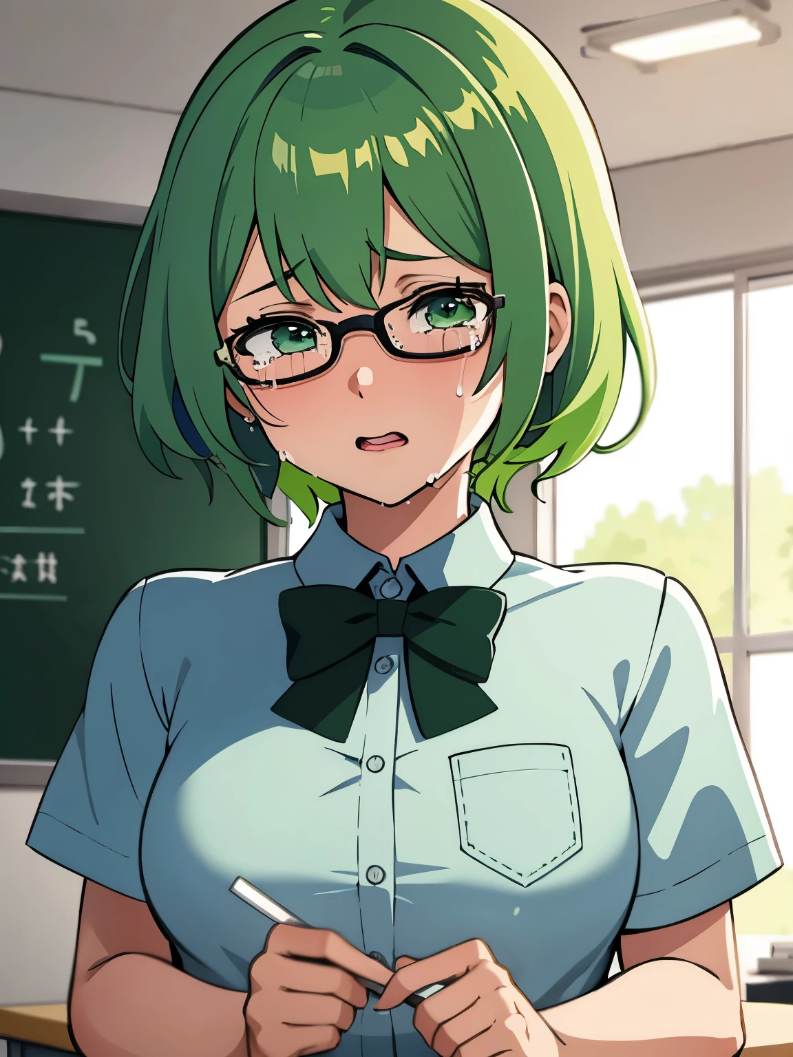 Obra maestra, La mejor calidad, Anime illustration of a girl with lime green hair and very short green eyes.. Lleva gafas y viste uniforme.. She is in a classroom with a sad expression.. sus ojos estan llorosos. Her cheeks are full of tears.. ella esta llorando y sollozando. 