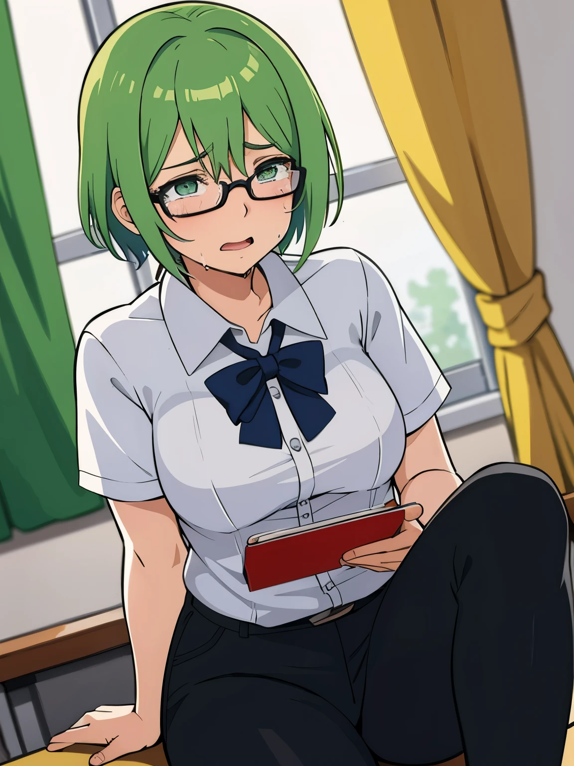 Obra maestra, la mejor calidad, Anime illustration of a girl with lime green hair and very short green eyes. She wears glasses and wears a  uniform. She is in a classroom with a sad expression. Her eyes are watery. Her cheeks are full of tears. She is crying and sobbing. 