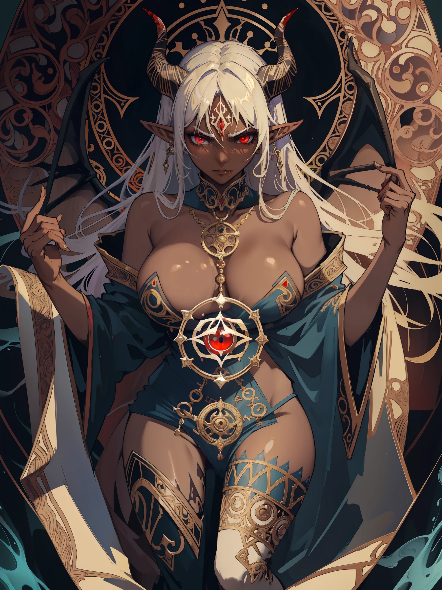 elf ears,(absurdres, highres, ultra detailed), 1 female,b8ig tits, adult, handsome, broad shoulders, two horns, evil, glowing red eyes, black wings, blood, intimidating looks, dark skin, finely detailed eyes and detailed face, the devil \tarot\, Symbolism, Visual art, Occult, Universal, Vision casting, Philosophical, Iconography, Numerology, Popularity, Artistic, Alfons Mucha
