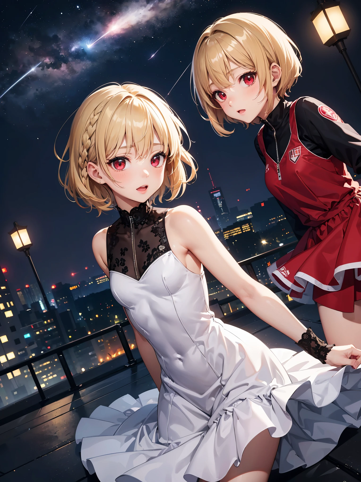 最high quality、best image quality、masterpiece、with a girl(12 years old、flat bust、,beautiful red eyes、toned abdominal muscles、,blonde short hair、Bobcut braid、Slender、athlete、princess dress ruffle lace、cute dress,leaning forward posture、Long skirt with ruffles、Show the whole body))high quality、beautiful art、(16 backgrounds included((on the roof、beautiful night view、meteor)))table top、visual art、Depth of the bounds written、