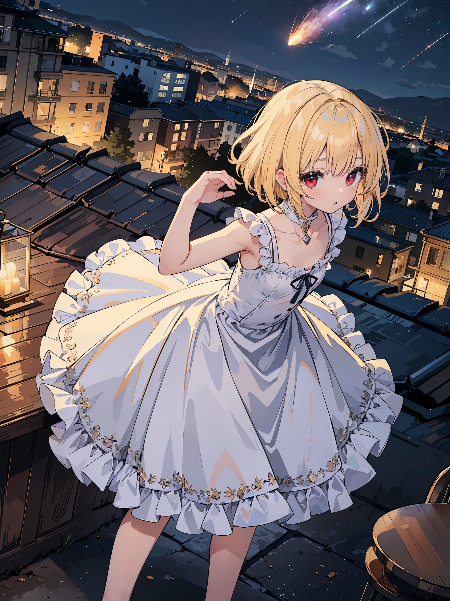 最high quality、best image quality、masterpiece、with a girl(、flat bust、,beautiful red eyes、toned abdominal muscles、,blonde short hair、Bobcut braid、Slender、athlete、princess dress ruffle lace、cute dress,leaning forward posture、Long skirt with ruffles、Show the whole body))high quality、beautiful art、(16 backgrounds included((on the roof、beautiful night view、meteor)))table top、visual art、Depth of the bounds written、