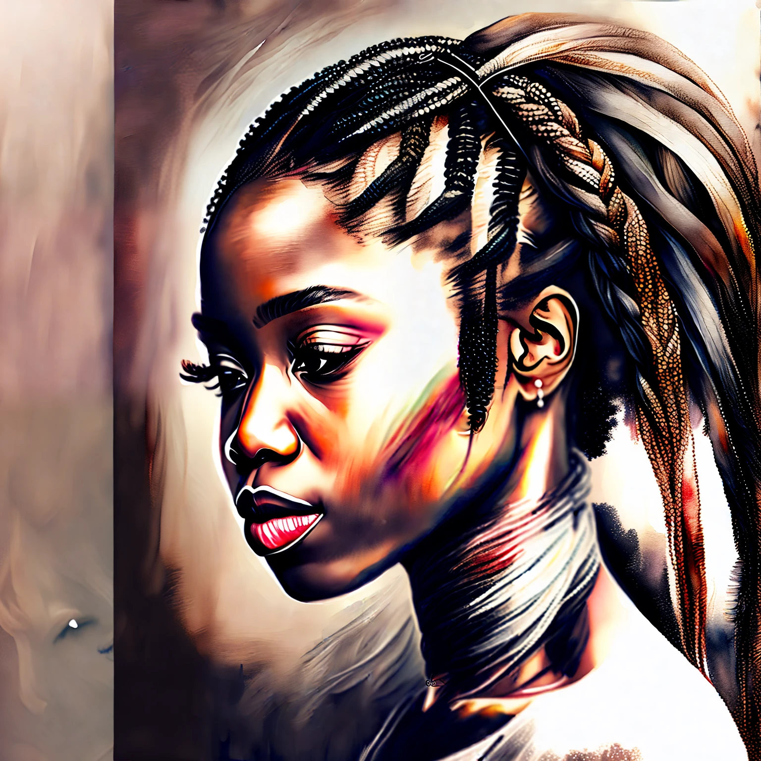 black african american woman beautiful girl side face, painting watercolor style long hair, braids, cornrowsm plaits, nikon dslr; scar, black mist pro lens filter, dark bacground; 4k --ar 4:5