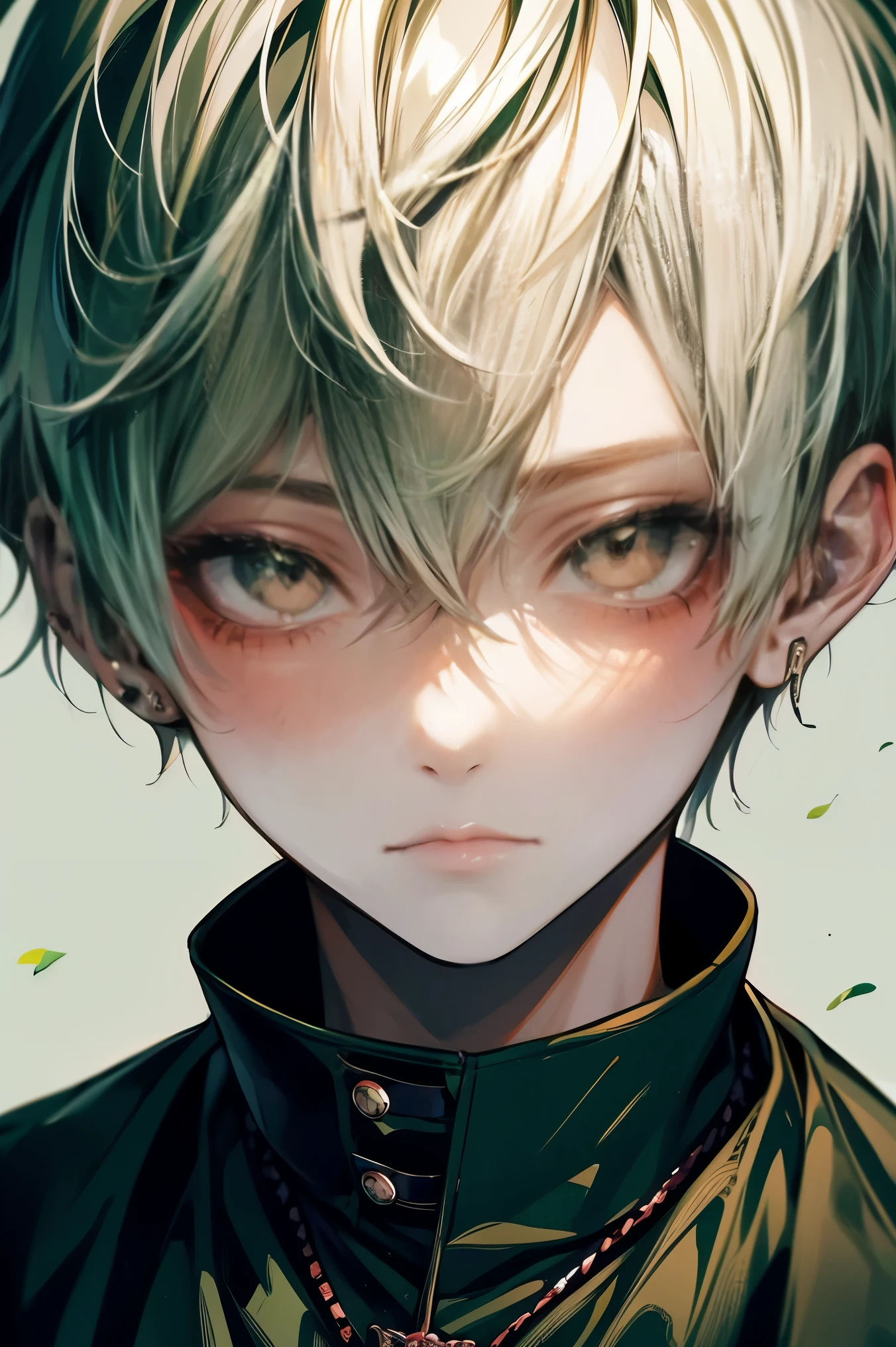 (masutepiece), (Best Quality), Highly detailed, 1 boy, Solo Focus，Perfect face, Beautiful face, extra detailed face，(white  hair:1.3)，(Dark Green eye:1.3)