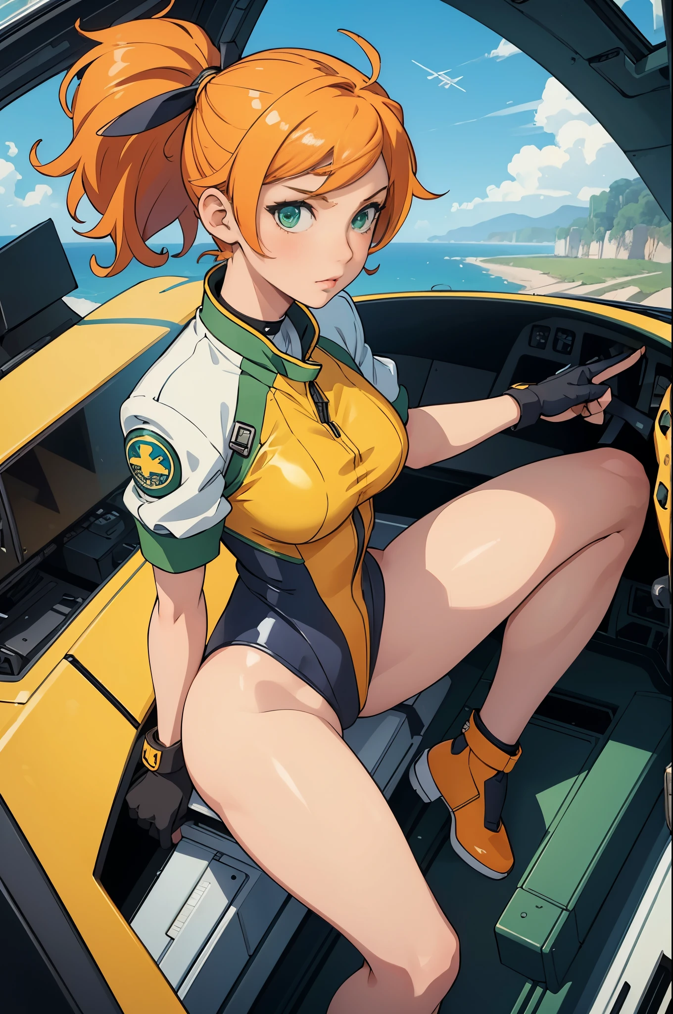 (masterpiece),( best quality), 1girl, pilot, flying helicopter, from cockpit, leotard, bare legs, gloves, light yellow-orange hair, short hair, green eyes, ponytail