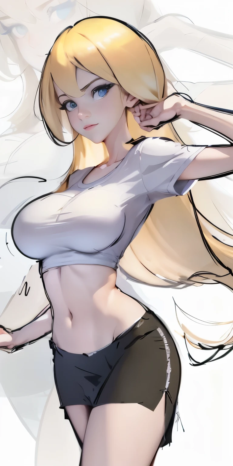 drawing of a woman with very large breasts, side breasts, Blonde long hair anime girl, Posture with hands behind body!, Breasts covered and SFW, her breasts, 3/4 busts, upper part of body, rough art style, she has blonde hair, Drawing in animation artist studio, Character in natural pose