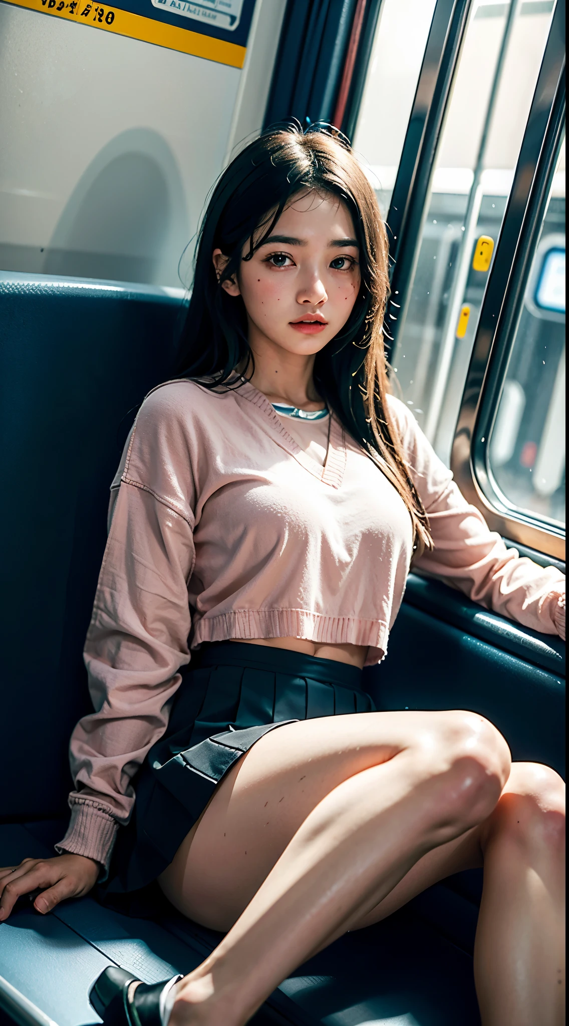 "(masterpiece, High resolution, Ultra High resolution, 4K) black hair,  japanese girl, uniform skirt, emphasize the thighs, white thighs, soft thighs, Gorgeous thighs, pink ribbon、sitting on the train, facing angle, (angle from below),sitting on a train seat,sitting in front,Crotch zoom camera,put your feet on the floor of the train,whole body,Looking down and sleepy,only looking at the viewer", highest quality, 超High resolution, (realistic:1.4),, High resolution, detailed, RAW photo, Shapuri, Nikon D850 Film Stock Photo by Lee Jeffries 4 Kodak Portra 400 Camera F1.6 lenses Rich colors Ultra-realistic and vibrant textures Dramatic lighting Unreal Engine Art Station Trend CineStill 800,