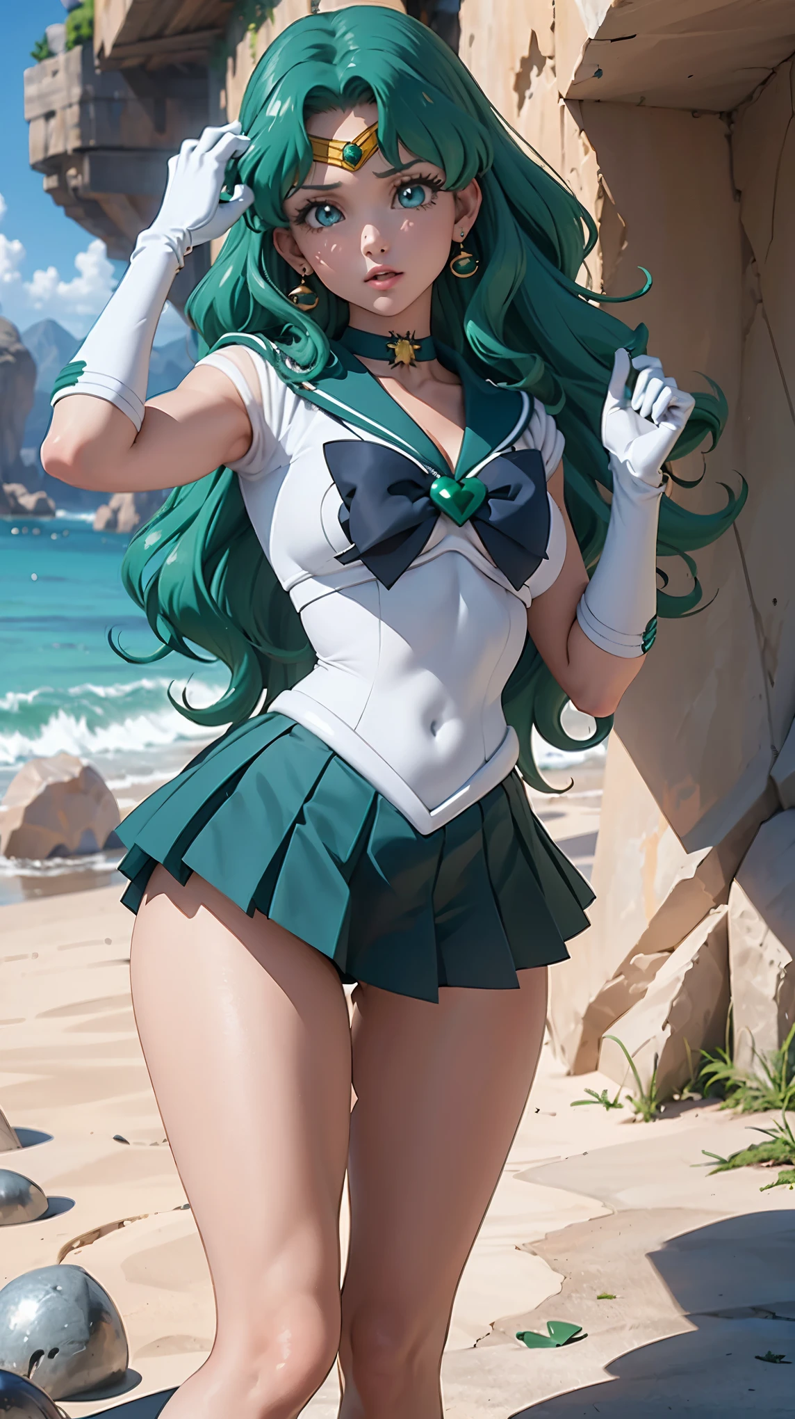 (La mejor calidad,A high resolution,Ultra - detallado,actual),Ariana Grande,1girl, marinero Neptuno, (Uniforme Sailor Senshi:1.4), cabello verde oscuro, cabello mediano, Falda suplicante, Pendientes, (Guantes blancos de codo:1.4), jewely, pecho mediano, dynamic background, Dynamic posture, tacones altos,More detailed 8K.motor irreal:1.4,UHD,La mejor calidad:1.4, fotorrealista:1.4, textura de la piel:1.4, obra maestra:1.8,obra-prima, mejor calidad,objeto Objeto], (detailed face features:1.3),(manos Detallado),(cueva piedras grande negro:1.7),(white Botas por encima de la rodilla: 1.4), gargantilla, (Guante Blanco:1.4), gargantilla verde, Arboledas de codos, jewely, pendientes, falda verde, pelos verdes,(fondo cueva piedras grandes:1.4),(Sailor neptune:1.4),(medio cuerpo:1.4) ,(manos detailed:1.4 ), ,( ciberpunk 2.1),( hermosos ojos verdes ), (sea Art 2.1)