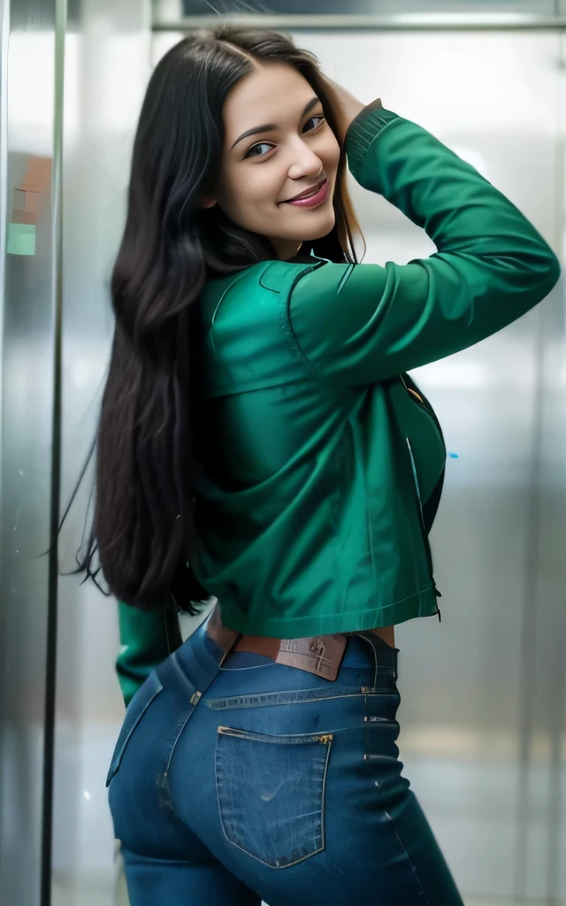 chef-d'artwork, Very detailed, realistic, 1fille, (Cheveux noirs), cheveux longs, Cheveux raides, yeux verts, veste en jean, ((manteau bleu)), ((pas de texte)), Blue Jeans, talons hauts noirs, hands behind your back, souriant, bonne humeur, heureux, head tilted to the left, huge tits in the'ascenseur, Face au miroir