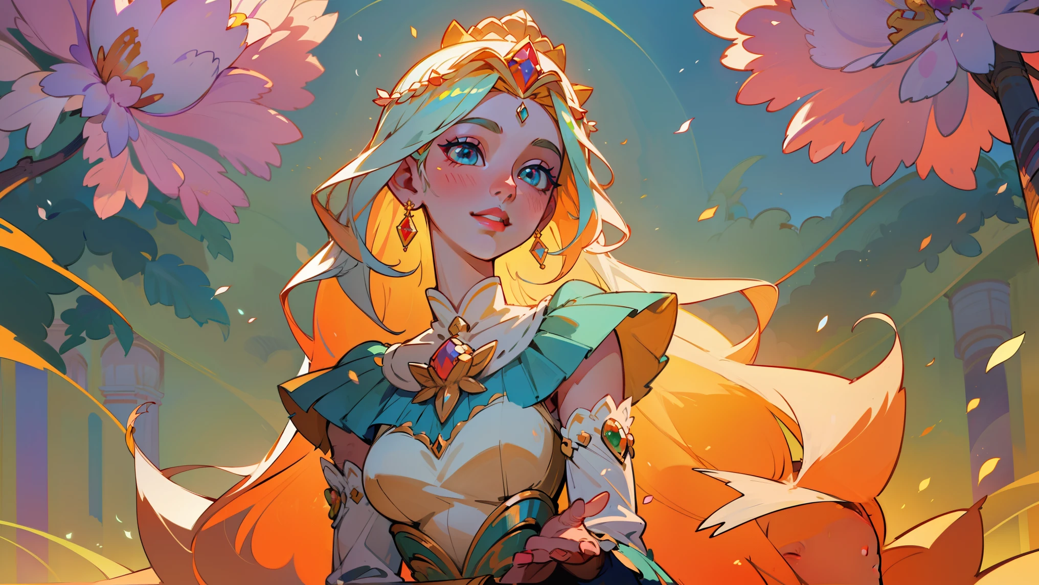 princess of the month of July,illustration,colorful,beautiful detailed eyes,beautiful detailed lips,vibrant flowers,crown,fine silk gown,summer garden,vivid colors,soft sunlight,best quality,ultra-detailed,photorealistic,summer breeze,delicate features,natural beauty,rosy cheeks,long flowing hair,graceful posture,enchanted expression,elegant tiara,sparkling jewelry,royal palace,exquisite details,celestial atmosphere,emotionally captivating,graceful demeanor,happy and radiant,delightful smile,lush greenery,fragrant blossoms,ethereal and majestic,warm and inviting,adorned with jewels,month of abundance,royal heritage,grander than dreams,depth of character,majestic aura,marvelous and regal,celebration of July,queen of the summer kingdom.