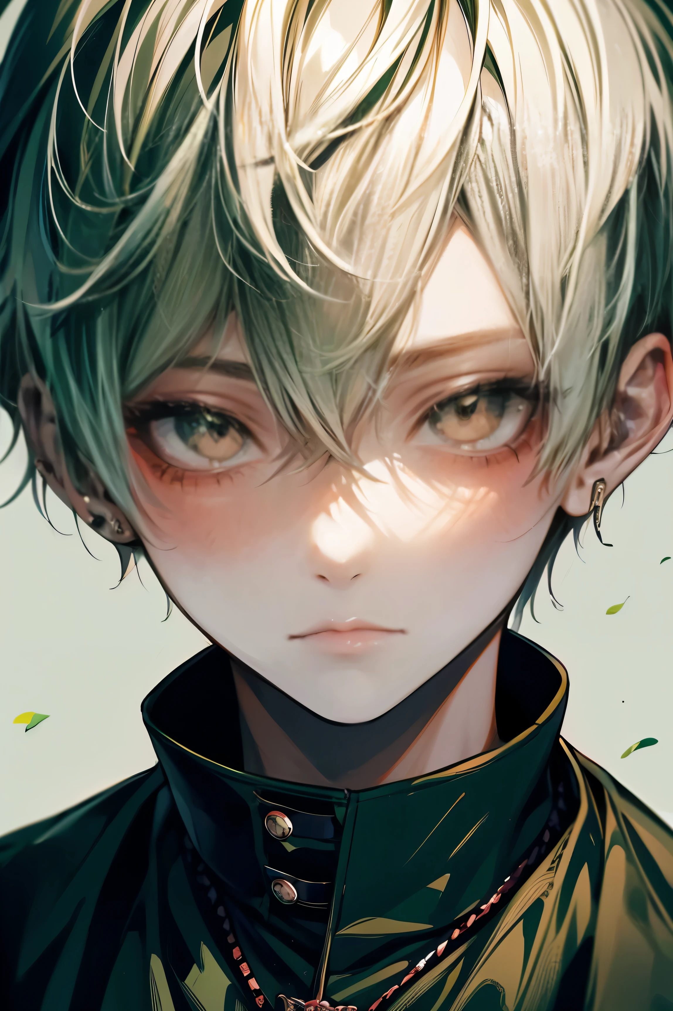 (masutepiece), (Best Quality), Highly detailed, 1 boy, Solo Focus,Perfect face, Beautiful face, extra detailed face,(white hair:1.3),(Dark Green eye:1.3)
