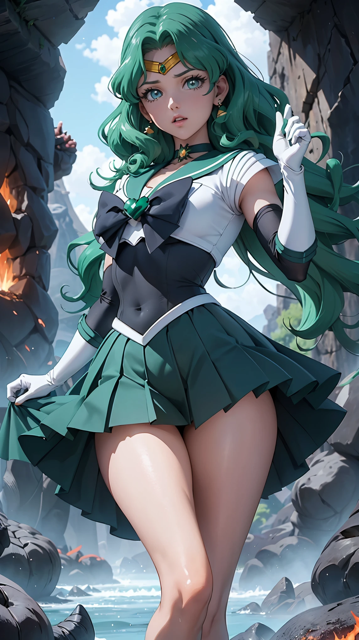 (La mejor calidad,A high resolution,Ultra - detallado,actual),Ariana Grande,1girl, marinero Neptuno, (Uniforme Sailor Senshi:1.4), cabello verde oscuro, cabello mediano, Falda suplicante, Pendientes, (Guantes blancos de codo:1.4), jewely, pecho mediano, dynamic background, Dynamic posture, tacones altos,More detailed 8K.motor irreal:1.4,UHD,La mejor calidad:1.4, fotorrealista:1.4, textura de la piel:1.4, obra maestra:1.8,obra-prima, mejor calidad,objeto Objeto], (detailed face features:1.3),(manos Detallado),(dentro cueva piedras grande negro lava:1.7),(white Botas por encima de la rodilla: 1.4), gargantilla, (Guante Blanco:1.4), gargantilla verde, Arboledas de codos, jewely, pendientes, falda verde, pelos verdes,(fondo cueva piedras grandes:1.4),(Sailor neptune:1.4),(medio cuerpo:1.4) ,(manos detailed:1.4 ), ,( ciberpunk 2.1),( hermosos ojos verdes ), (sea Art 2.1)