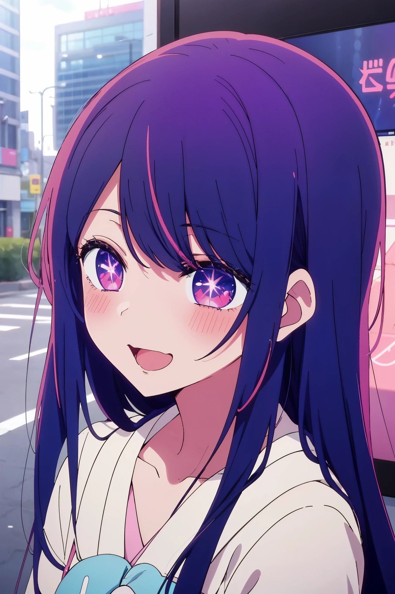長い髪と紫の目をしたanime girl, A painting inspired by Puru, tumbler, conceptual art, anime best girls, anime moe art style, Another close-up of Iwakura, Anime visuals of cute girls, ルーシーという名前のanime girl, iwakura lain, Still from the TV anime, anime stills, (anime girl)、(((city)))、laughter、open your mouth、Ai Hoshino、(((private server)))