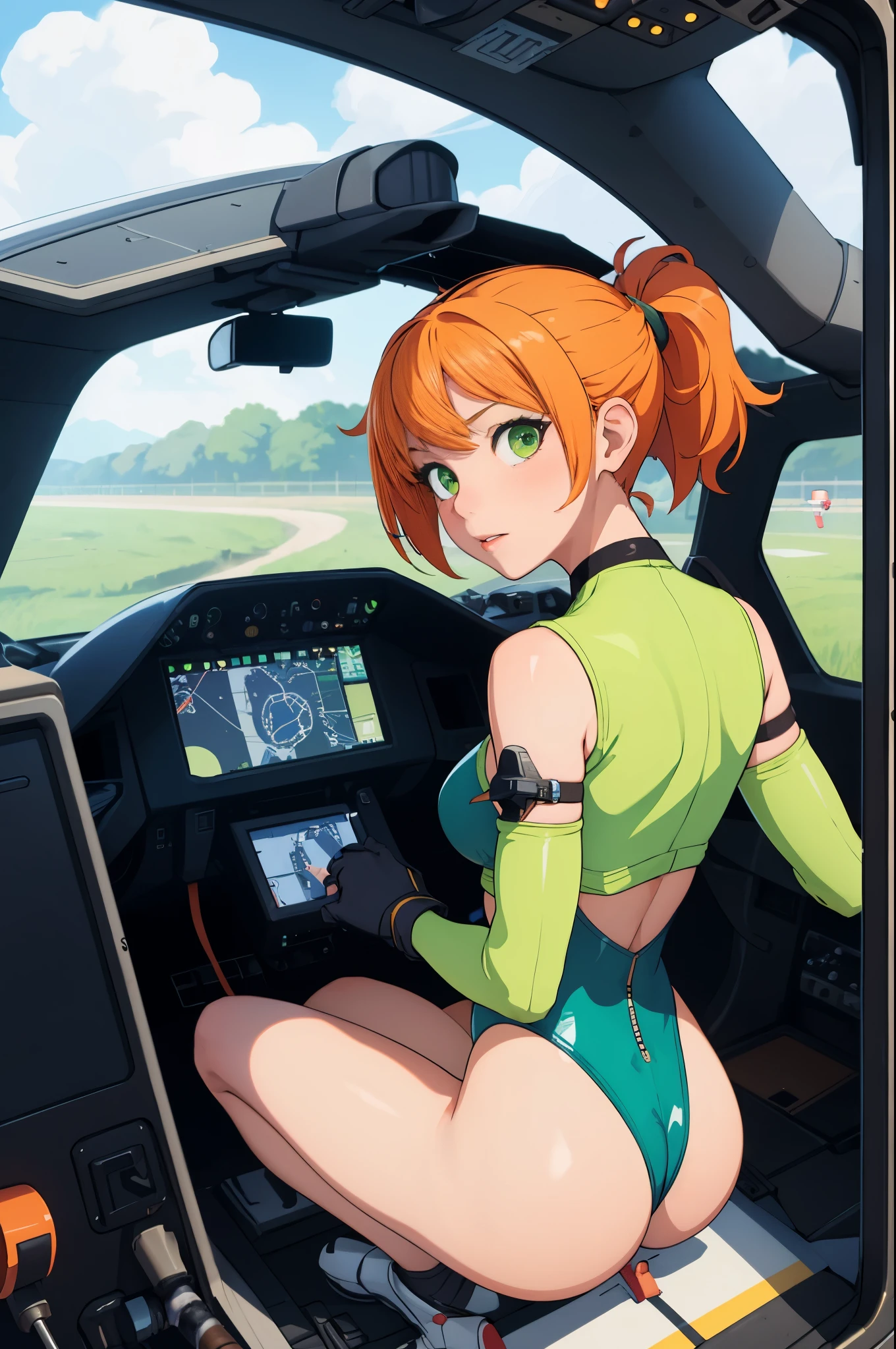 (masterpiece),( best quality), 1girl, pilot, flying helicopter, from cockpit, leotard, bare legs, gloves, light yellow-orange hair, short hair, green eyes, ponytail