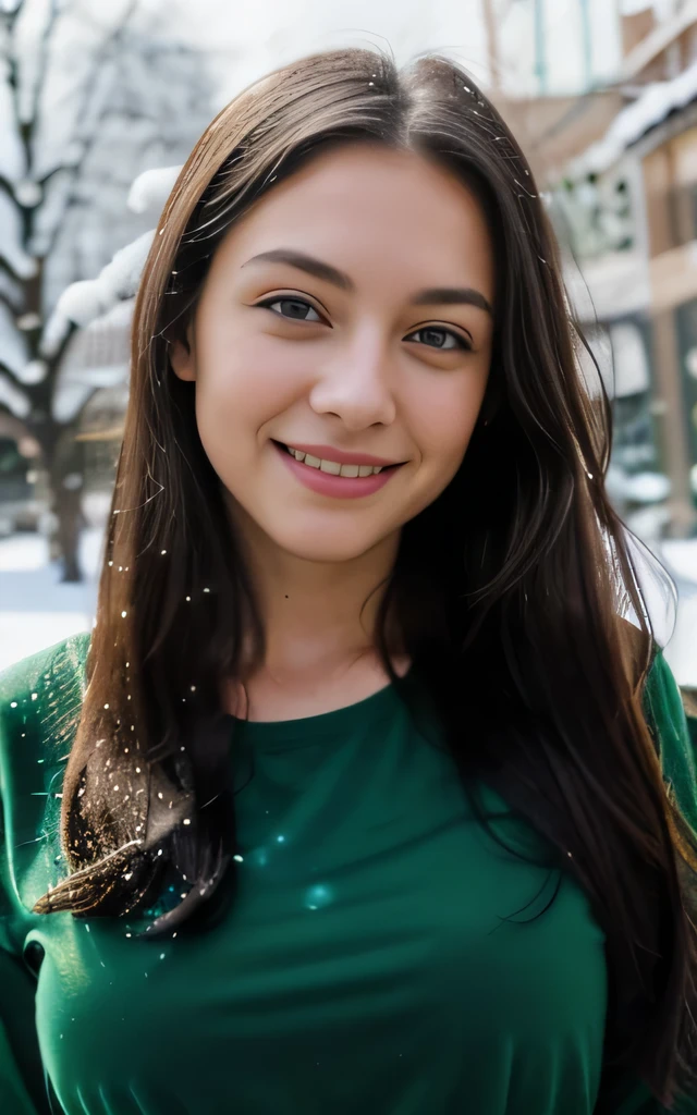 chef-d&#39;artwork, Very detailed, realistic, la photographie, HD, 8K, 1fille, (Cheveux noirs), cheveux longs, Cheveux raides, yeux verts, Brilliant students, sparkling eyes, souriant, heureux, Bonheur, joie, joieful, (Chemise verte), (hiver), neige