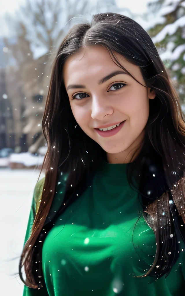 chef-d'artwork, Very detailed, realistic, la photographie, HD, 8K, 1fille, (Cheveux noirs), cheveux longs, Cheveux raides, yeux verts, Brilliant students, sparkling eyes, souriant, heureux, Bonheur, joie, joieful, (Chemise verte), (hiver), neige