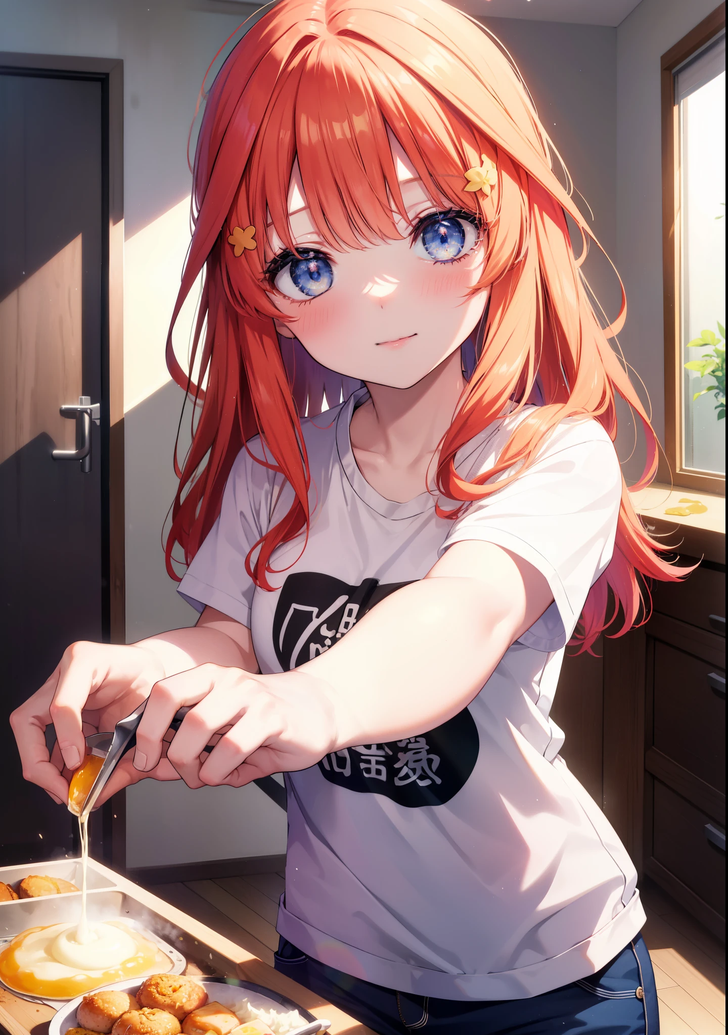 itsukinakano, Itsuki Nakano, bangs, blue eyes, hair between eyes, Ahoge, redhead,blush,smile, messy hair,T-shirt,shorts,kitchen,kitchenで卵料理を調理する,Cook eggs in a frying pan,卵焼きと焼けた食パンを皿にのせてテーブルに置いてある
break indoors, kitchen,dining,
break (masterpiece:1.2), highest quality, High resolution, unity 8k wallpaper, (figure:0.8), (detailed and beautiful eyes:1.6), highly detailed face, perfect lighting, Very detailed CG, (perfect hands, perfect anatomy),