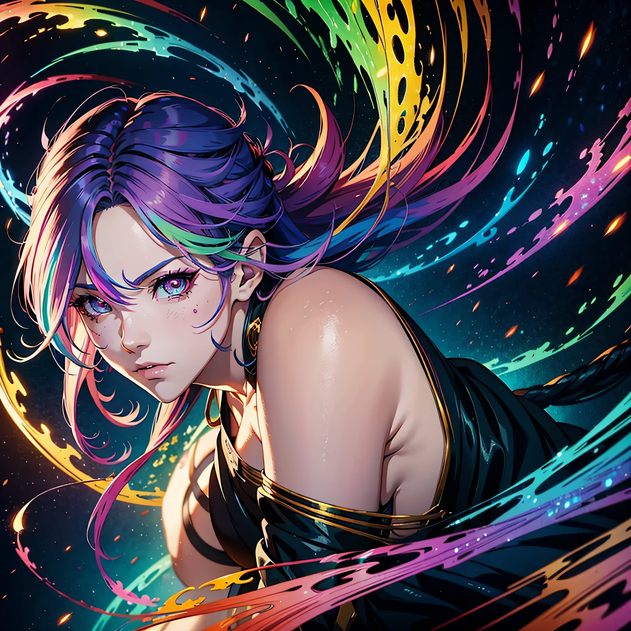 An anime female human with rainbow hair, rainbow eyes, dragon horns, and a dragon tail. (best quality, realistic:1.37), vibrant colors, detailed facial features, flowing hair, dynamic pose, fantasy art style, glowing rainbow aura
