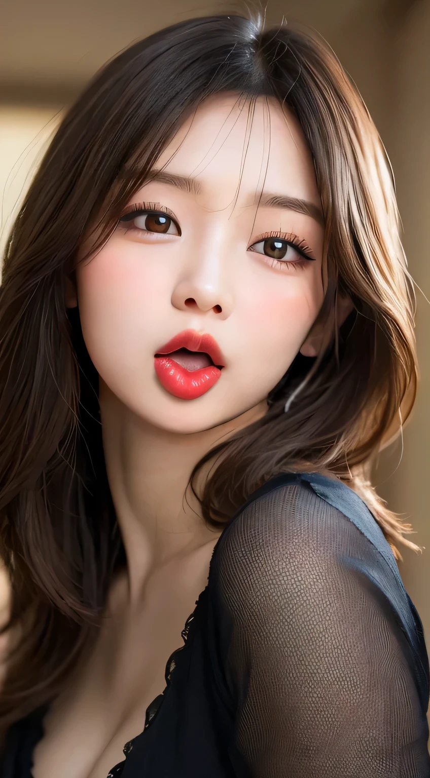 Very cute idol、((stick out tongue))、((half open mouth))、Red lip gloss、(((The look of waiting for a kiss)))