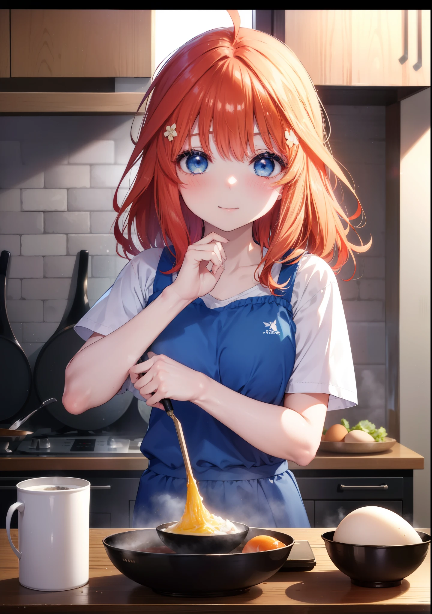 itsukinakano, Itsuki Nakano, bangs, blue eyes, hair between eyes, Ahoge, redhead,blush,smile, messy hair,T-shirt,shorts,kitchen,kitchenで卵料理を調理する,Cook eggs in a frying pan,卵焼きと焼けた食パンを皿にのせてテーブルに置いてある
break indoors, kitchen,dining,
break (masterpiece:1.2), highest quality, High resolution, unity 8k wallpaper, (figure:0.8), (detailed and beautiful eyes:1.6), highly detailed face, perfect lighting, Very detailed CG, (perfect hands, perfect anatomy),