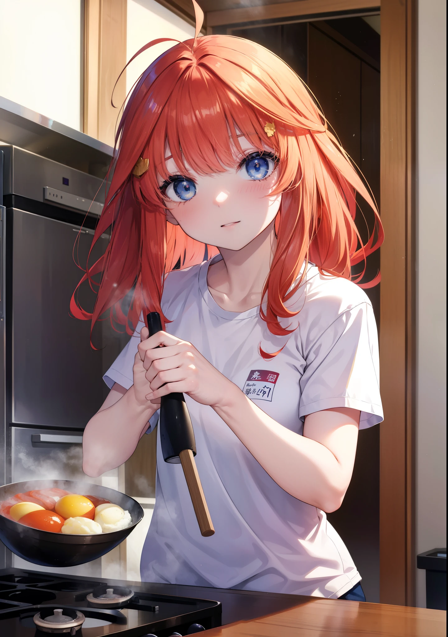 itsukinakano, Itsuki Nakano, bangs, blue eyes, hair between eyes, Ahoge, redhead,blush,smile, messy hair,T-shirt,shorts,kitchen,kitchenで卵料理を調理する,Cook eggs in a frying pan,卵焼きと焼けた食パンを皿にのせてテーブルに置いてある
break indoors, kitchen,dining,
break (masterpiece:1.2), highest quality, High resolution, unity 8k wallpaper, (figure:0.8), (detailed and beautiful eyes:1.6), highly detailed face, perfect lighting, Very detailed CG, (perfect hands, perfect anatomy),