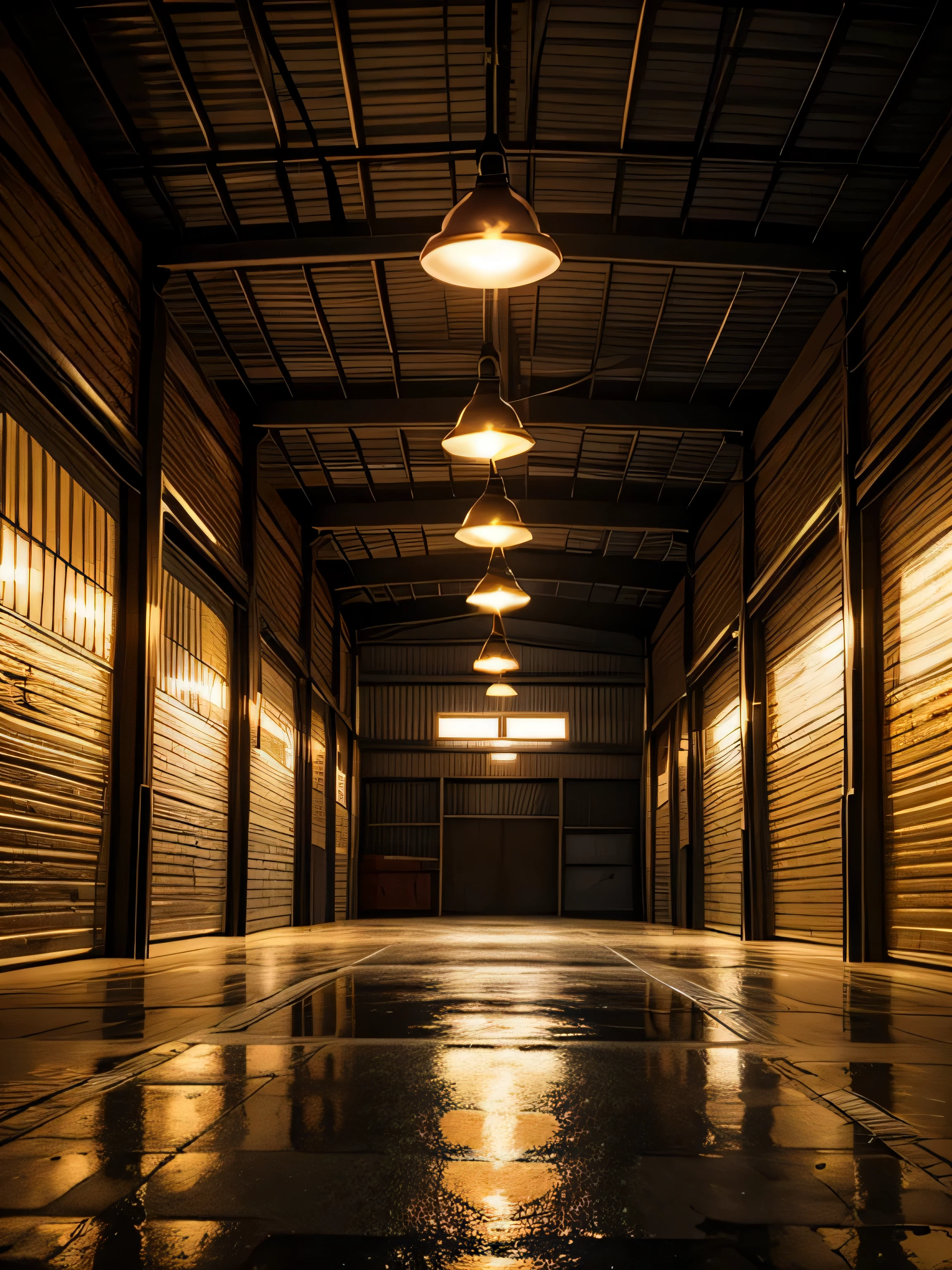 atue como um fotografo, and take a photo of a vintage-style warehouse with lots of boxes on the sides, several round lamps throughout the warehouse at night, luzes acesas, piso de cimento queimado 