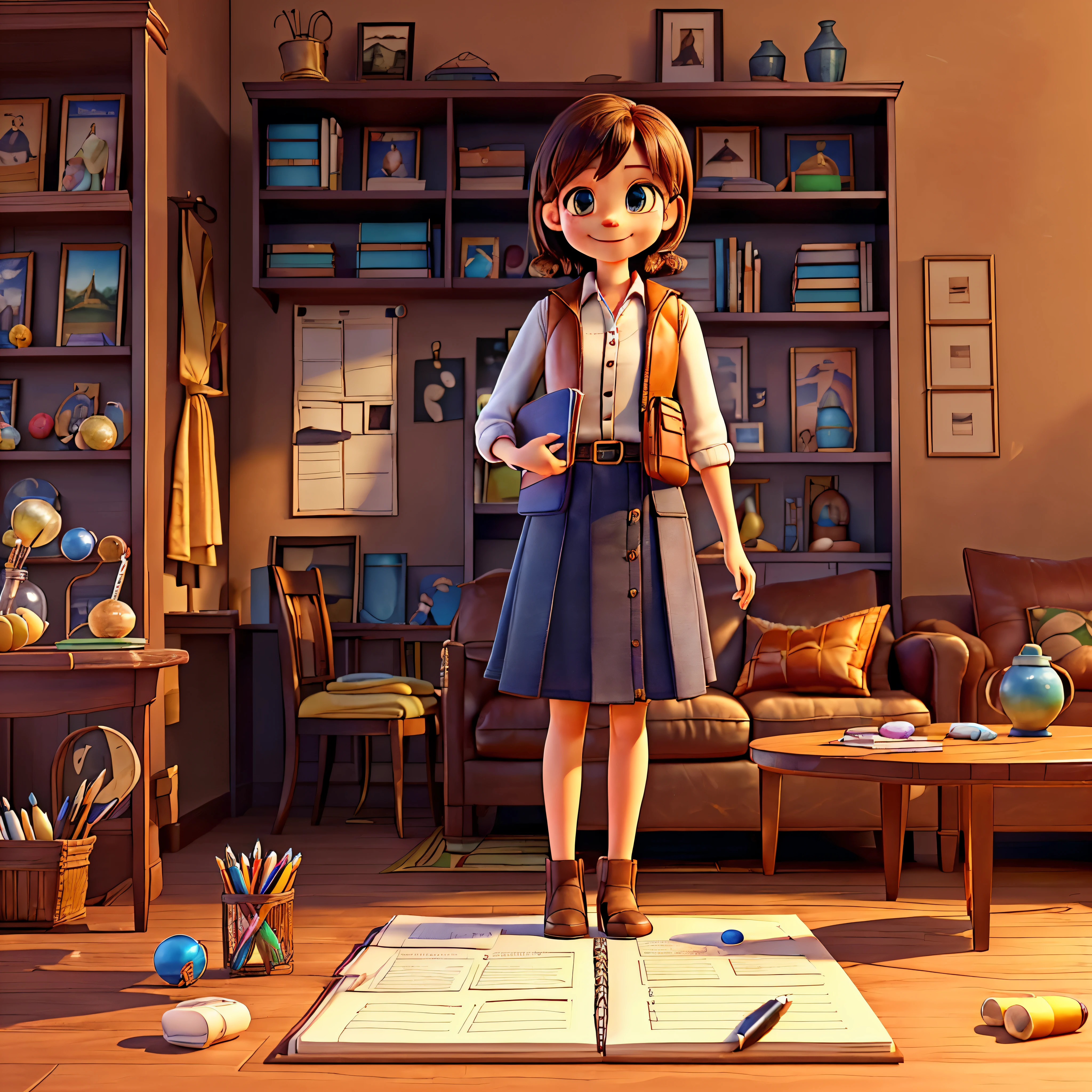 (epic Masterpiece, ultra highest quality, ulra highest resolution, ulra high-definition, distinct_image, very elaborate CG, cinematic lighting, ray tracing, drop shadows, detailed detail, (photorealistic: 1.4), ultra high quality textures, fine-grained, realistic face expression): (lone girl, face is Japan, brown short hair, small size breasts, sparkling eyes, Eye level shot, happy smile, beauty, slim body, holiday, own room, console game, computer, display, keyboard, mouse, long leather skirt, collared shirt, leather vest, handgun holder, carrying leather bag on your back, long boots, antique radio, coffee, model train, bookshelf, spacious chair, Pots, fans, paintings, stuffed animals, ties, notebooks, stationery, vases, photo frames, letters, fountain pens, calendars, lamps, cushions, baskets, mirrors reflecting in profile, candles, newspapers, sweets, city Eiffel view outside the window, telephone, fruit) varied multi etc. --v6 --s1000 --c20 --q5 --chaos100